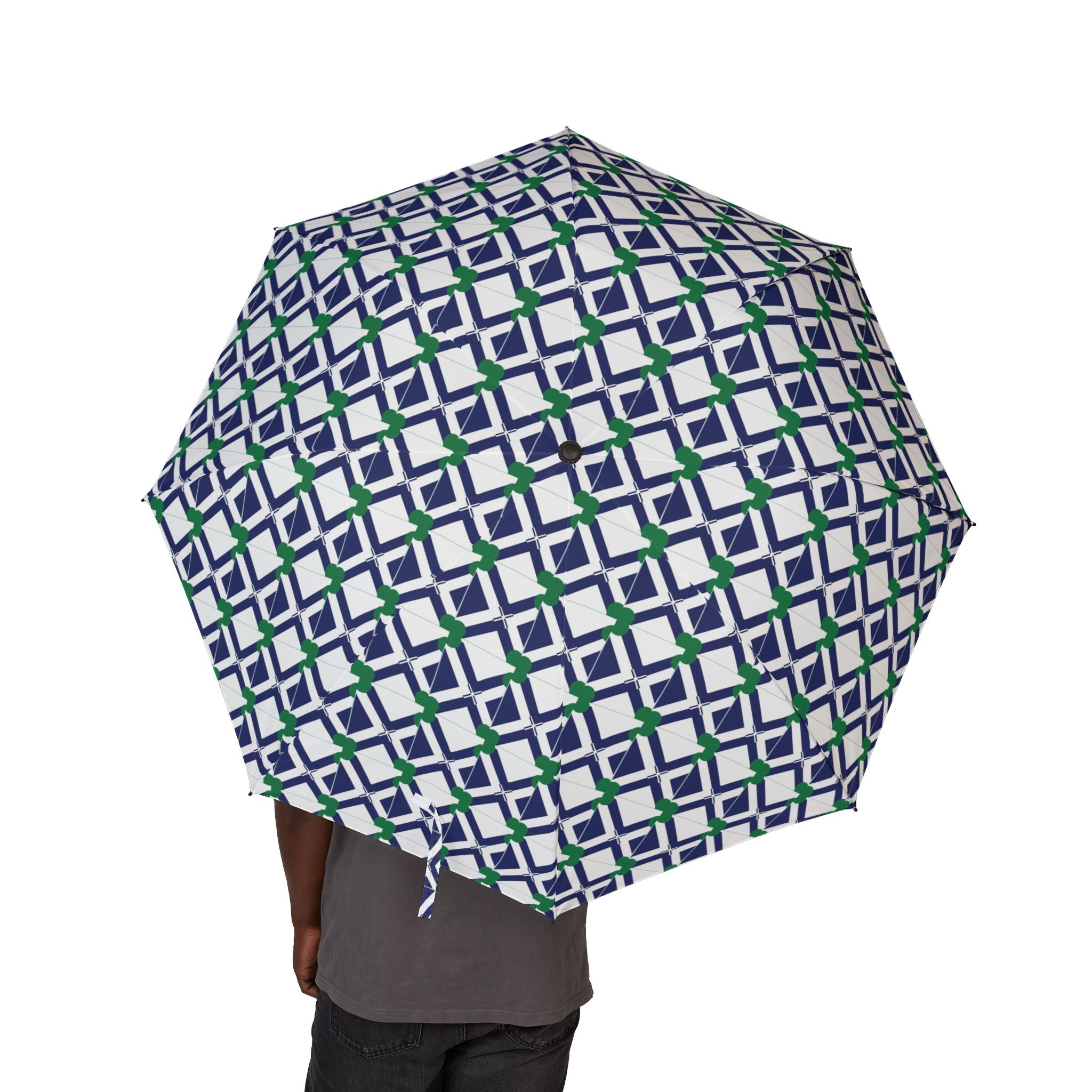 XT8 Foldable Umbrella — Navy & Green Geometric Pattern, Semi‑Automatic Compact Rain Umbrella