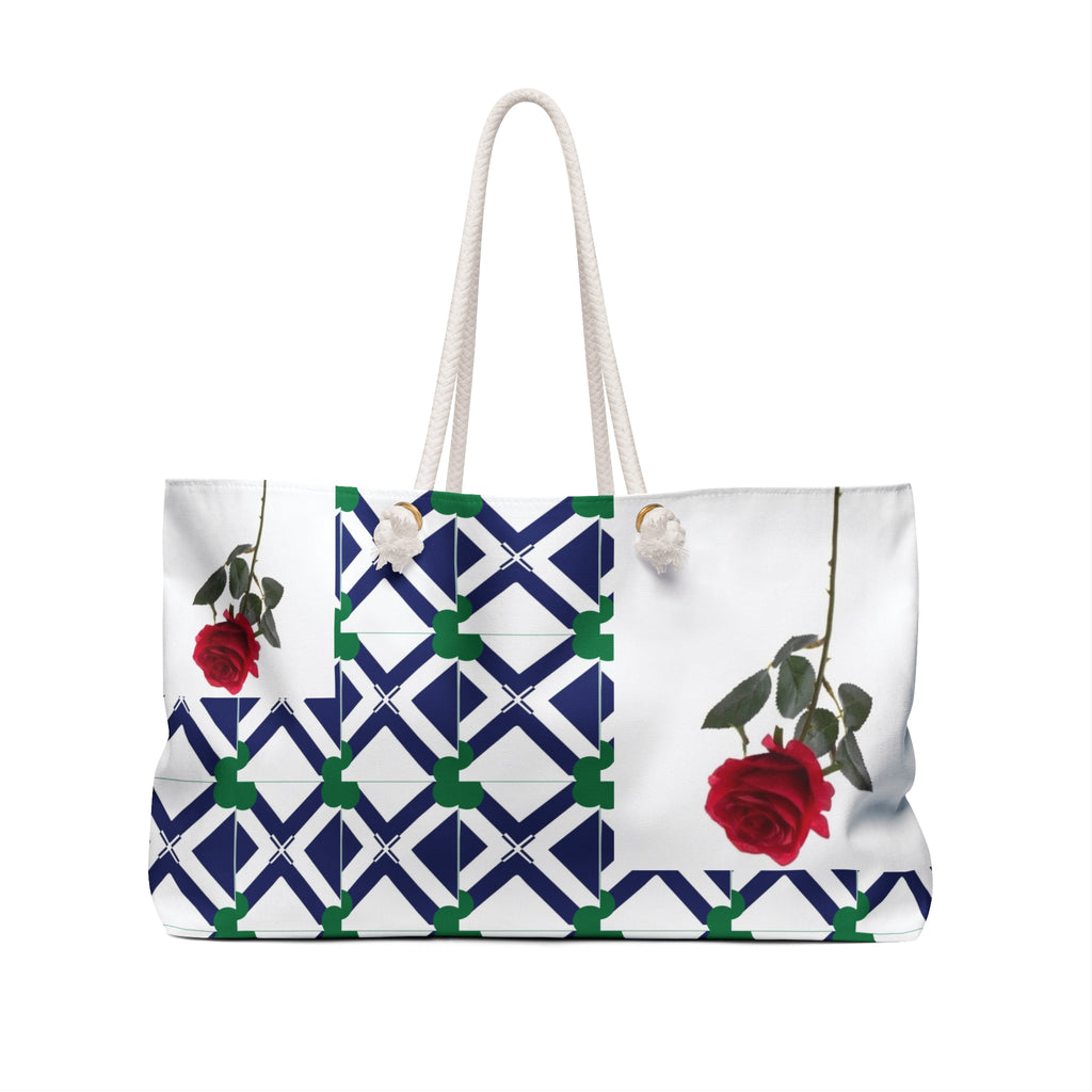 Rose Pattern Weekender Bag - Navy Geometric Floral Travel Tote