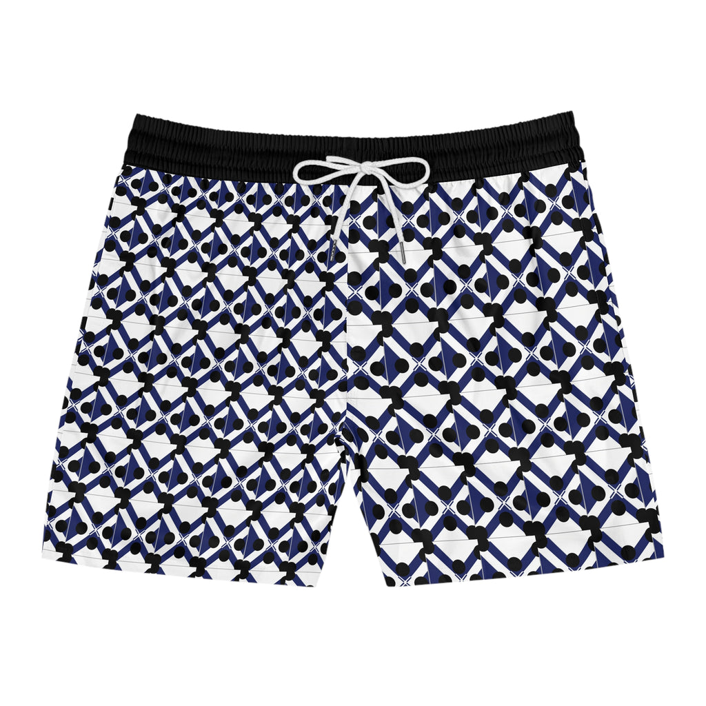 Men's Geometric Navy Lattice Swim Shorts — Mid-Length Beach Trunks