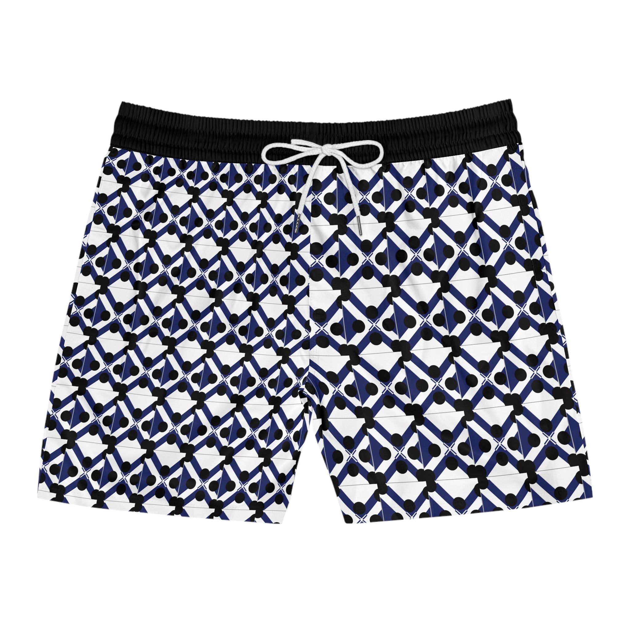 Men's Geometric Navy Lattice Swim Shorts — Mid-Length Beach Trunks
