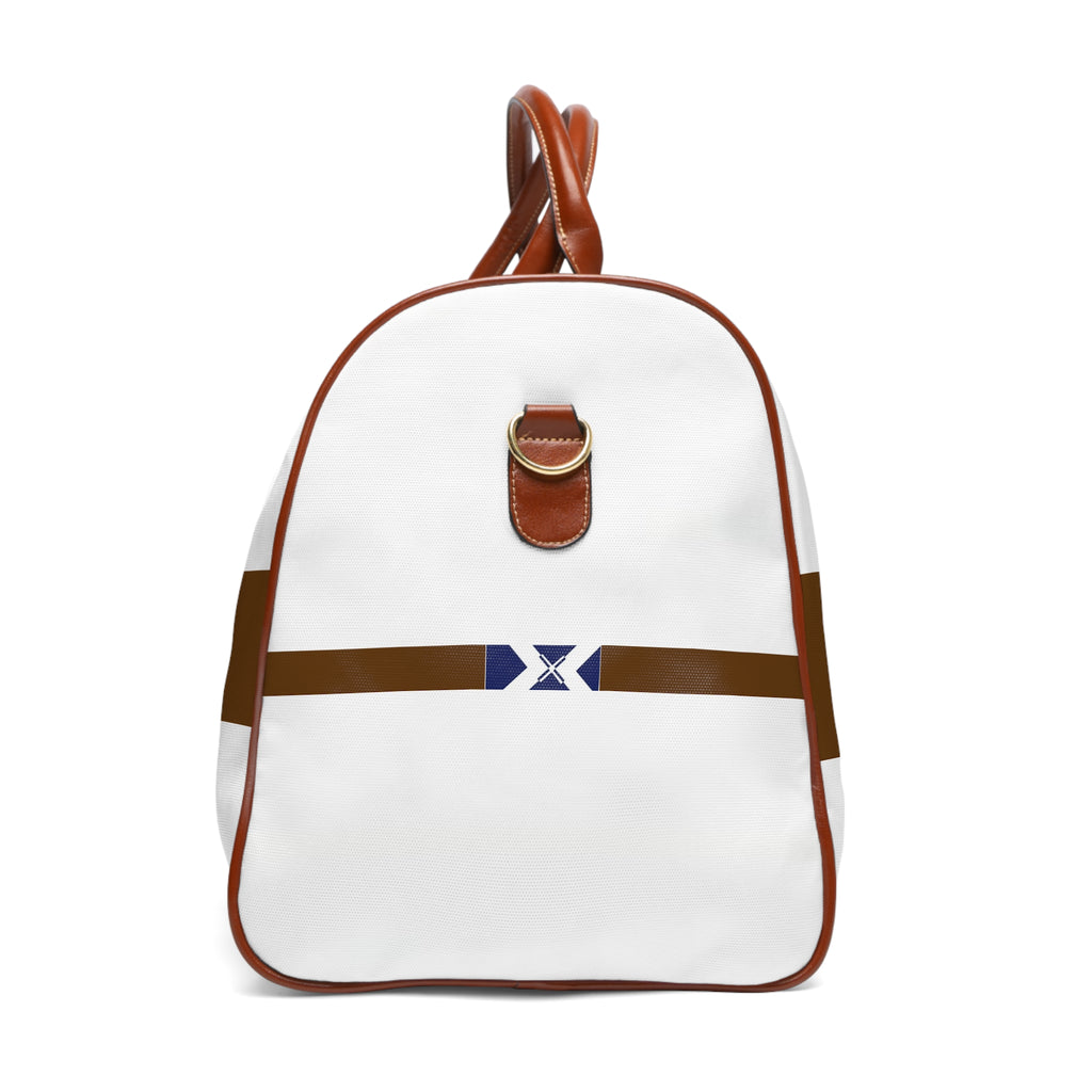 Classic Striped Waterproof Travel Bag — Durable Weekender Duffle with Navy Emblem