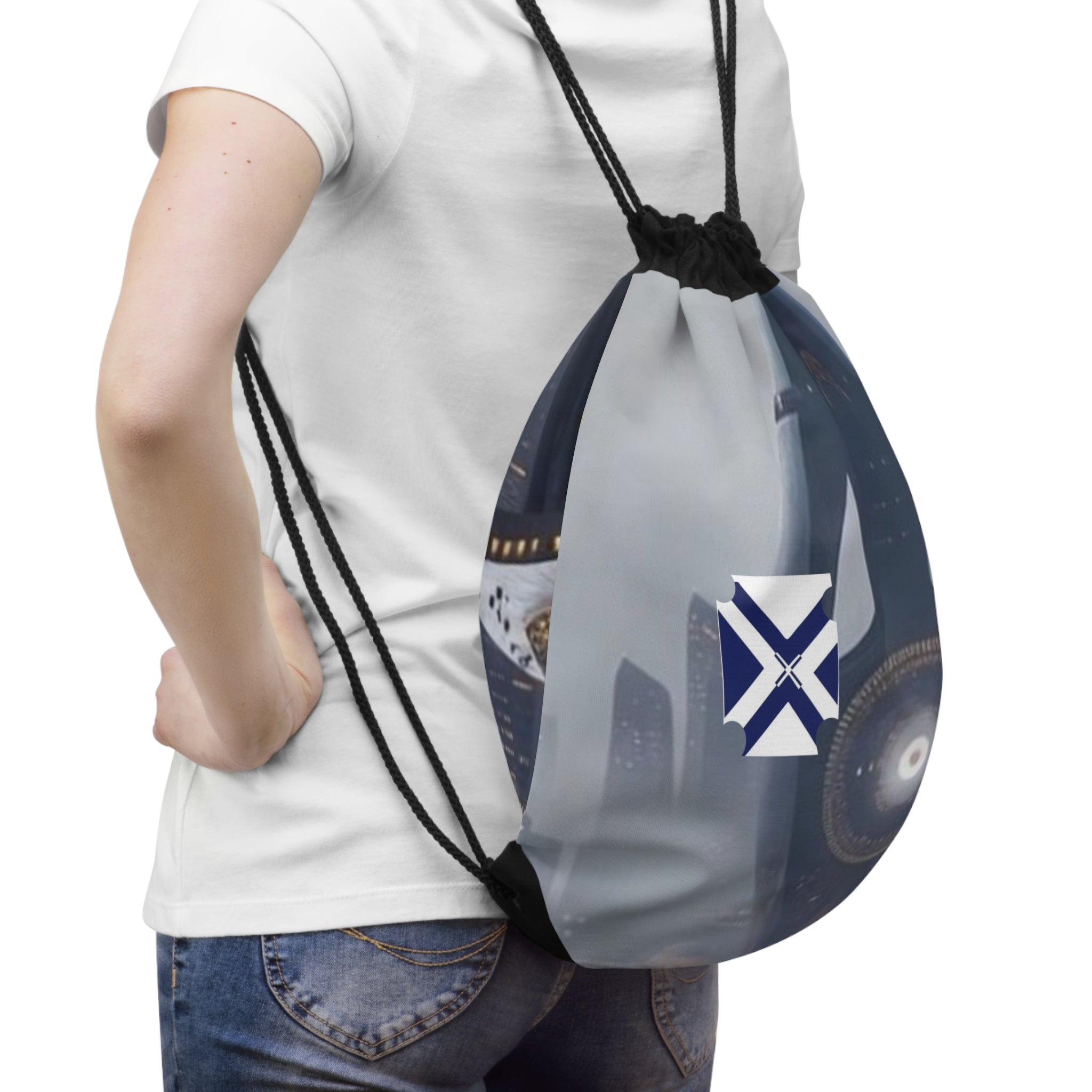 Xt Sci‑Fi City Drawstring Bag — Futuristic Skyline Backpack