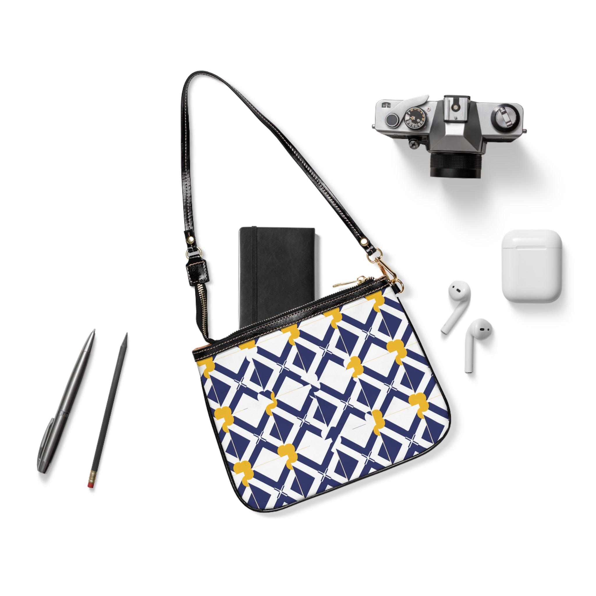 XT8 Navy & Mustard Small Shoulder Bag — Modern Lattice Print