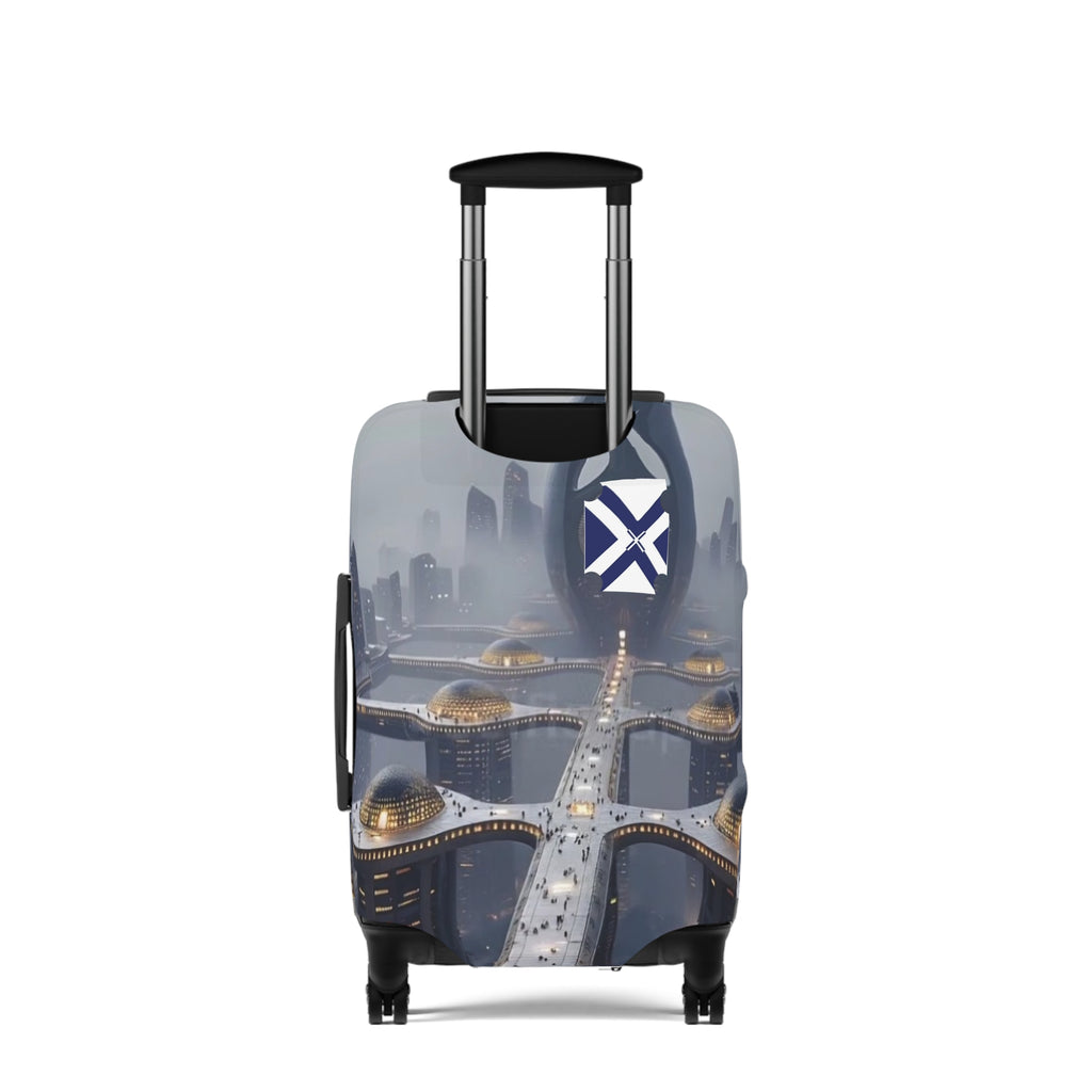 Cityscape Luggage Cover — Futuristic Night Skyline Travel Protector