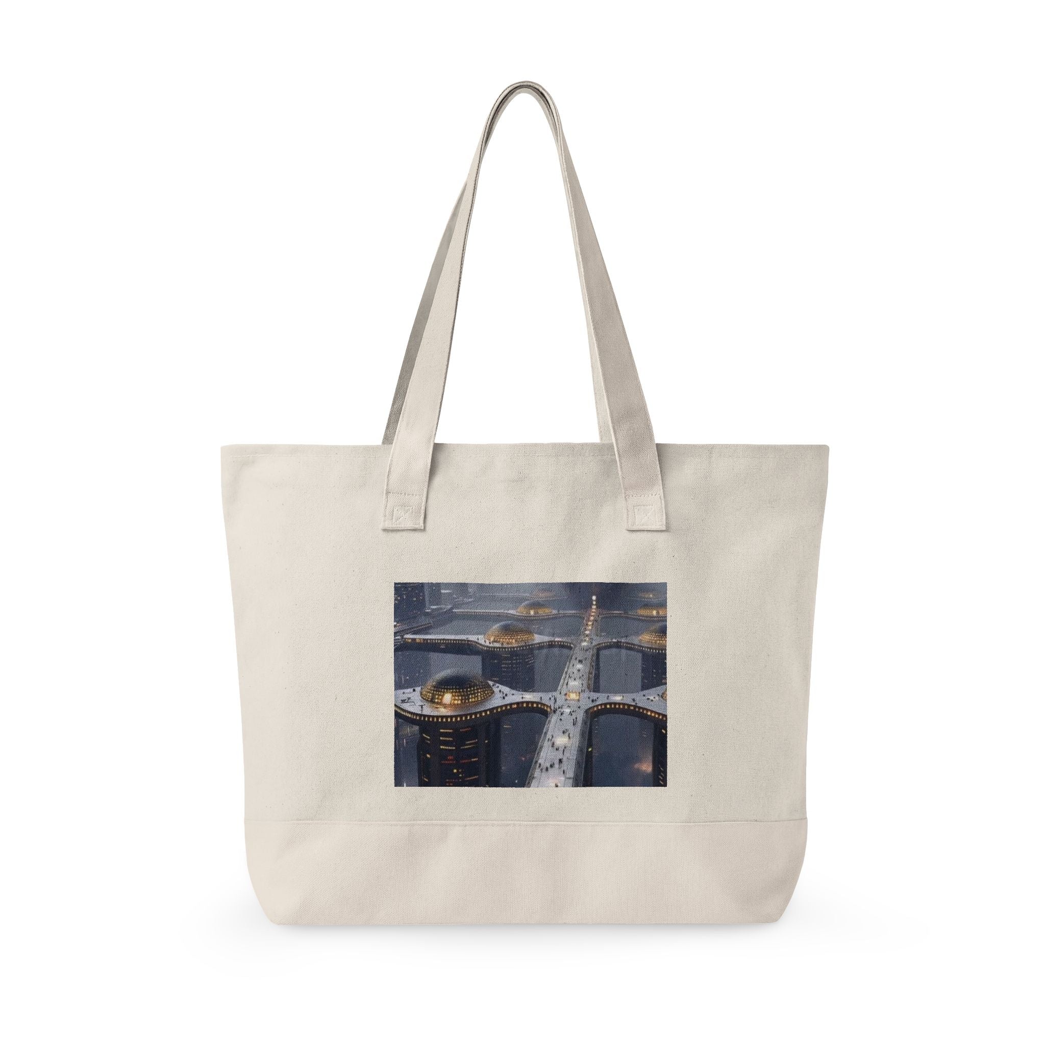 Canvas Tote Bag — Futuristic Cityscape Graphic Zippered Tote