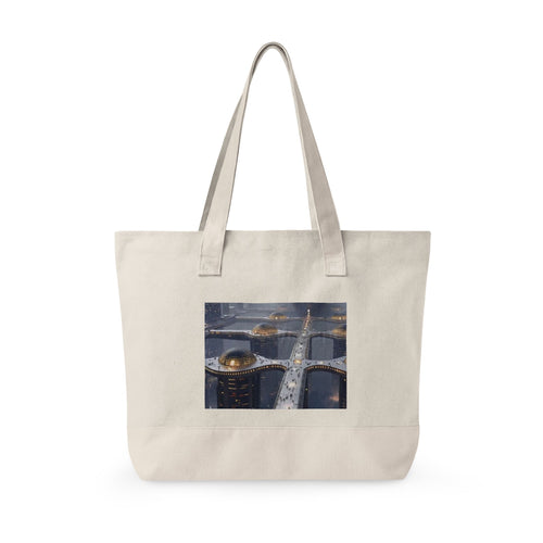 Canvas Tote Bag — Futuristic Cityscape Graphic Zippered Tote