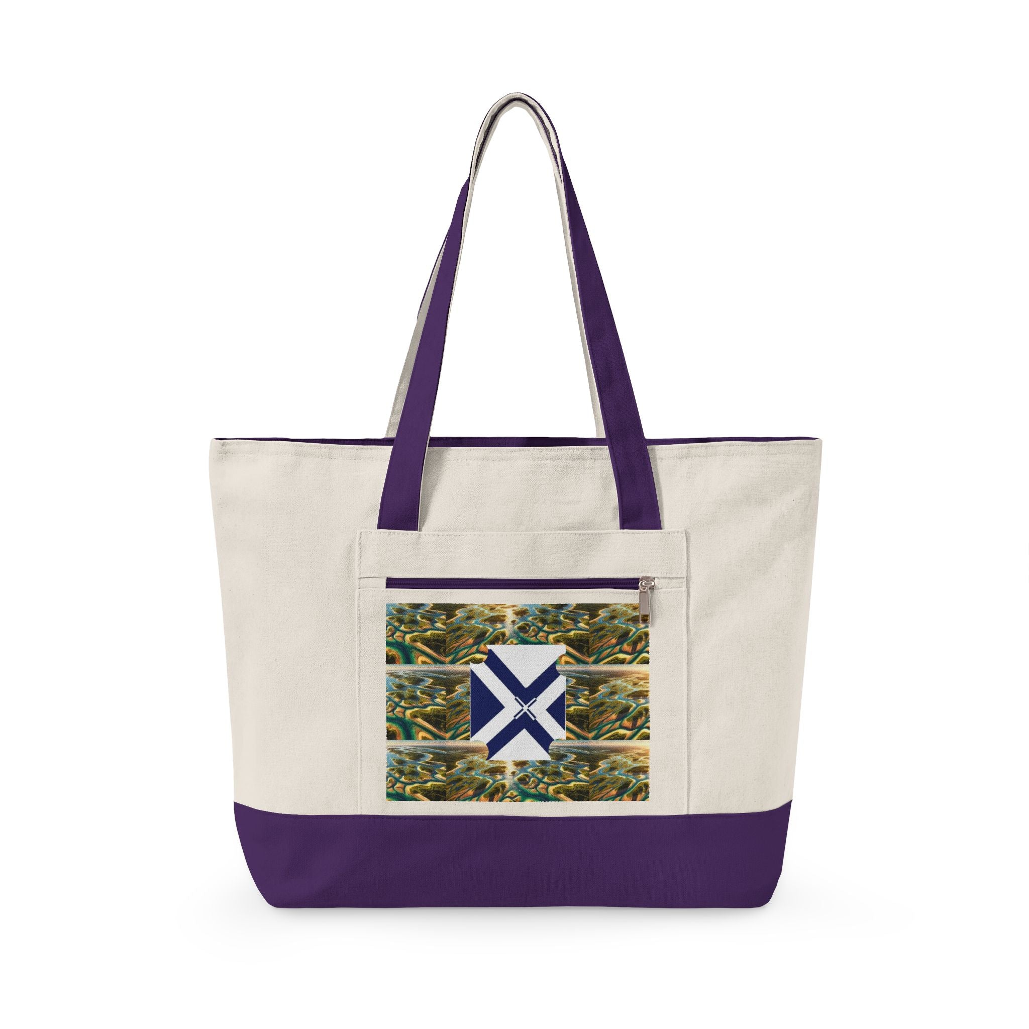 Canvas Tote Bag — Rustic Pine Forest Patch with Navy Saltire