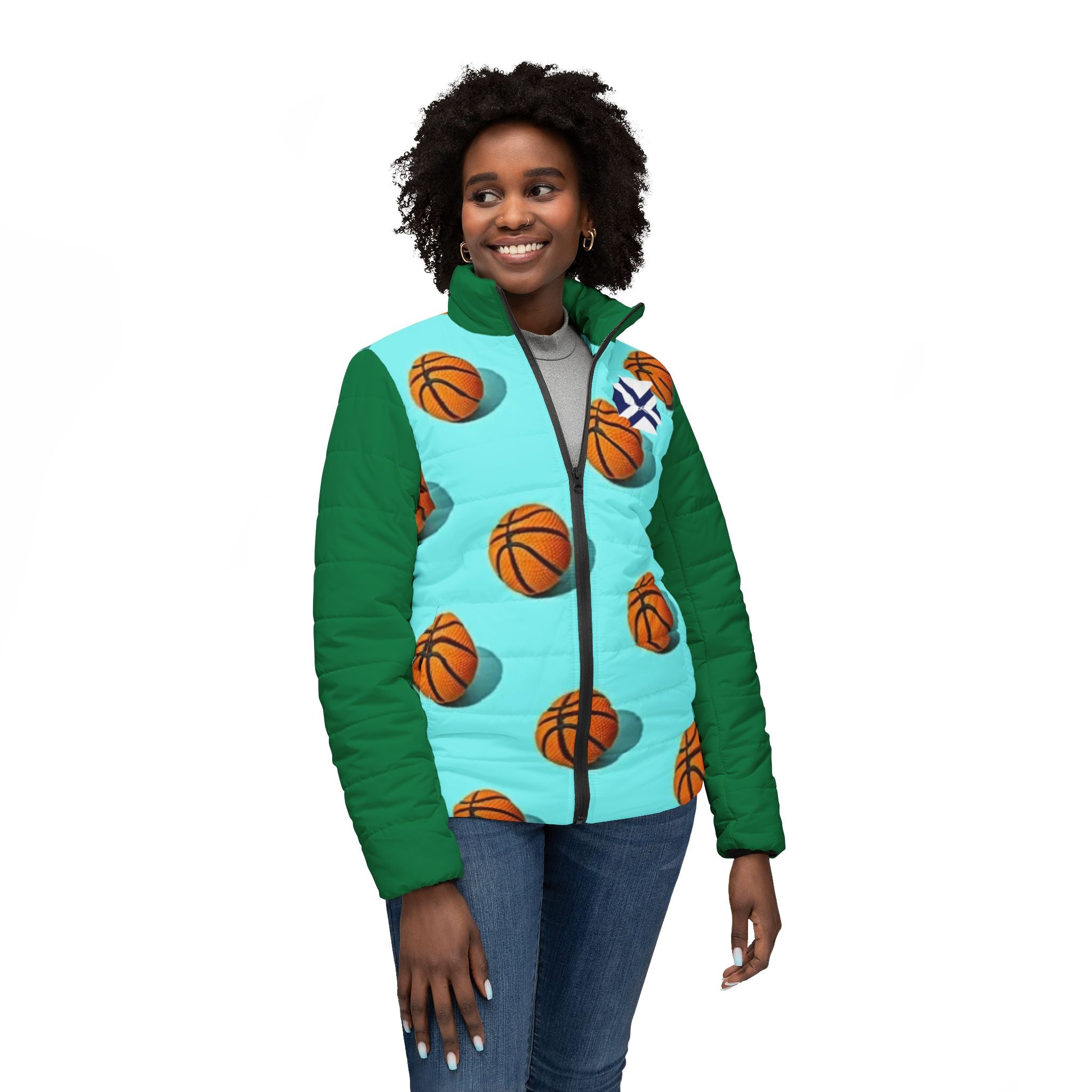 Basketball Pattern Women’s Puffer Jacket — Aqua Court Print