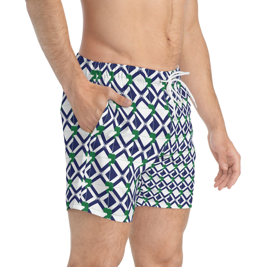 Swim Trunks — Navy Geometric Lattice Pattern with Green Accents