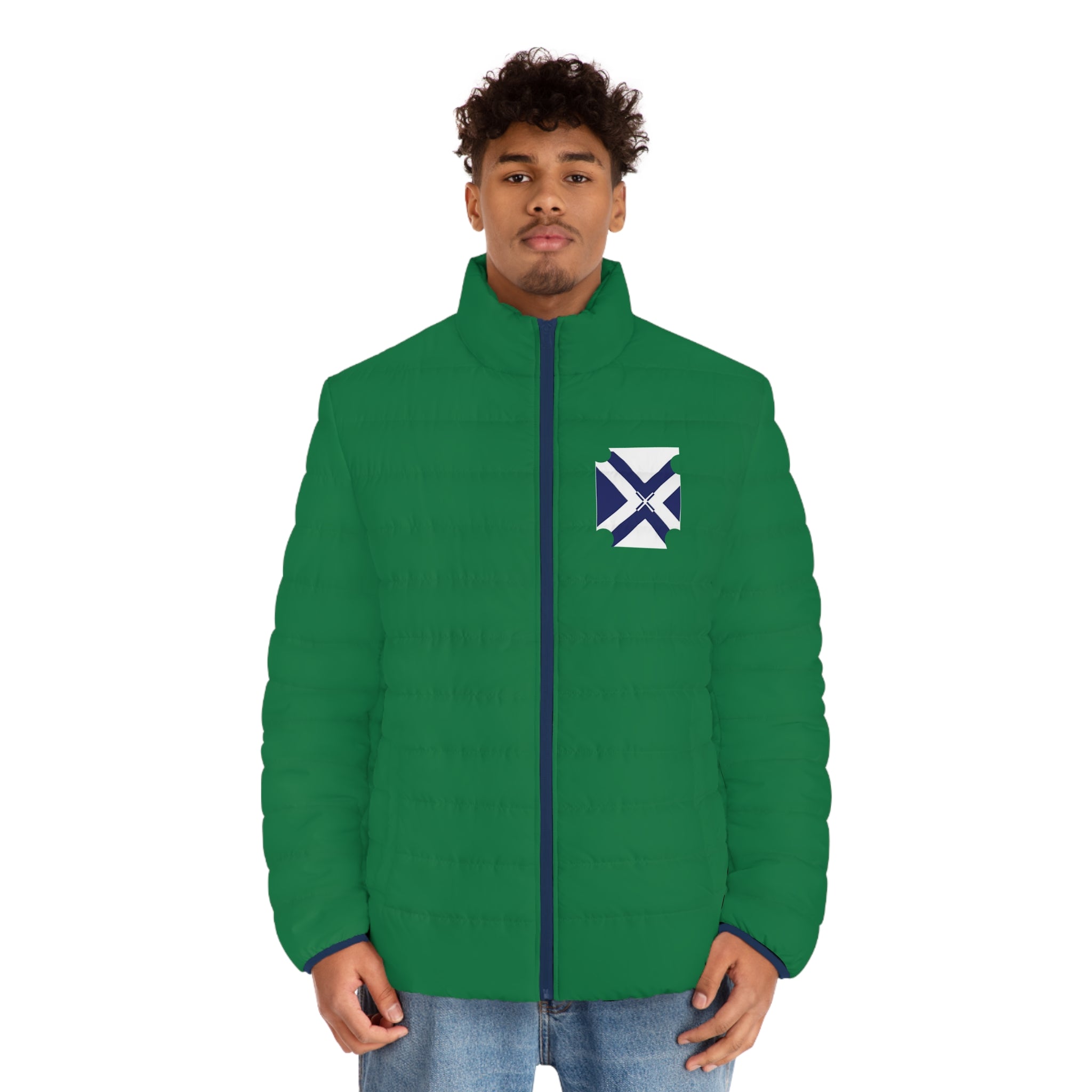Puffer Jacket — Green Quilted Men’s Coat with Navy-White Cross Emblem