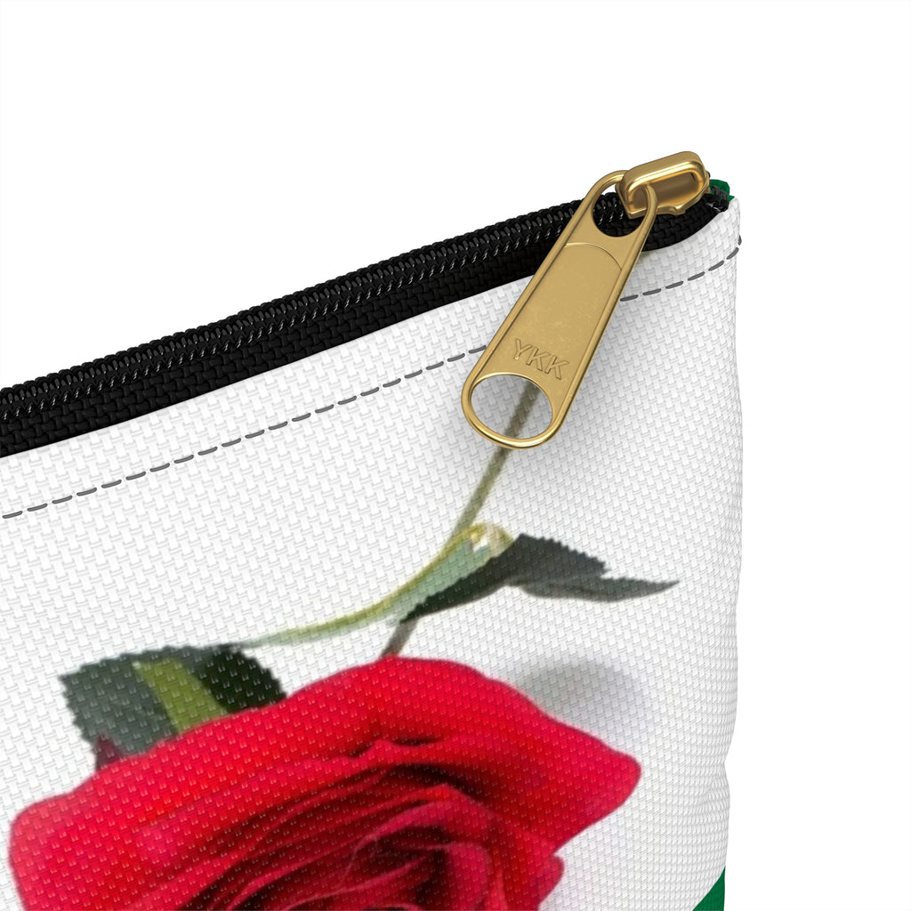 Green Rose Accessory Pouch — Floral Rose Zip Cosmetic Bag with Blue Cross Accent
