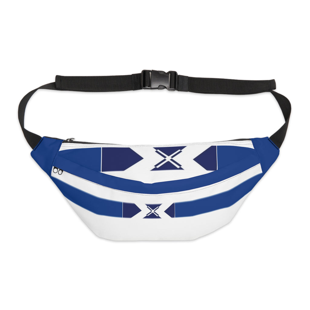 Blue Geometric Large Fanny Pack — Sporty Waist Bag with X Stripe Design