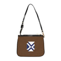 Brown Shoulder Bag with Geometric Blue Cross Emblem