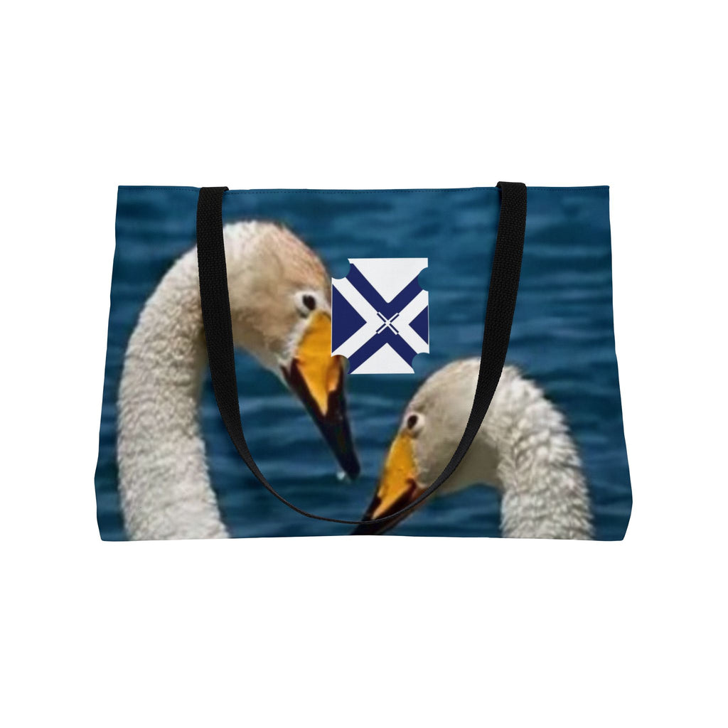 Weekender Tote Bag — Swan Couple Beach Tote with Nautical Cross Accent