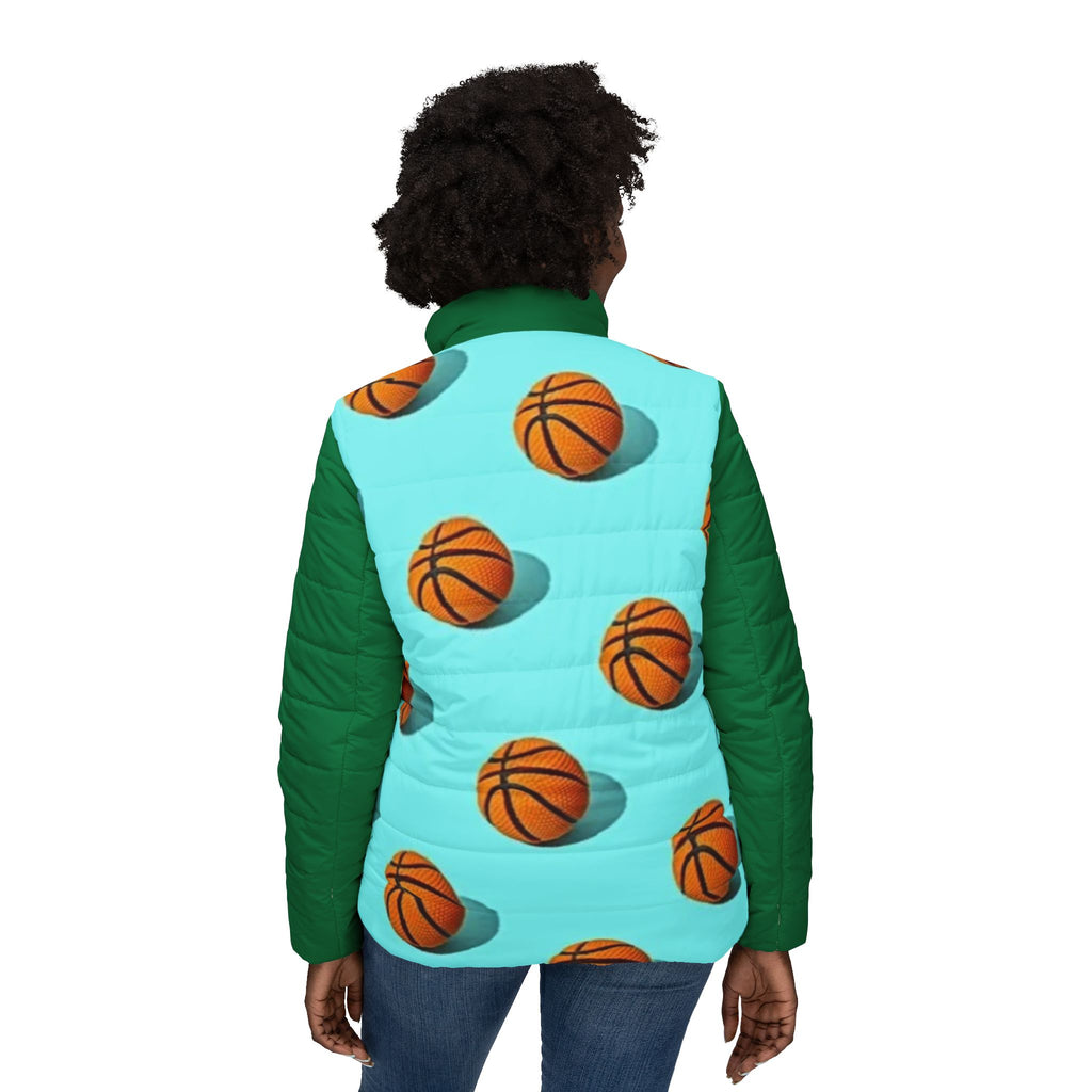 Basketball Pattern Women’s Puffer Jacket — Aqua Court Print