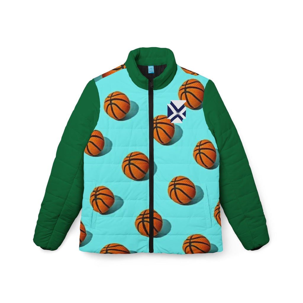 Basketball Pattern Women’s Puffer Jacket — Aqua Court Print