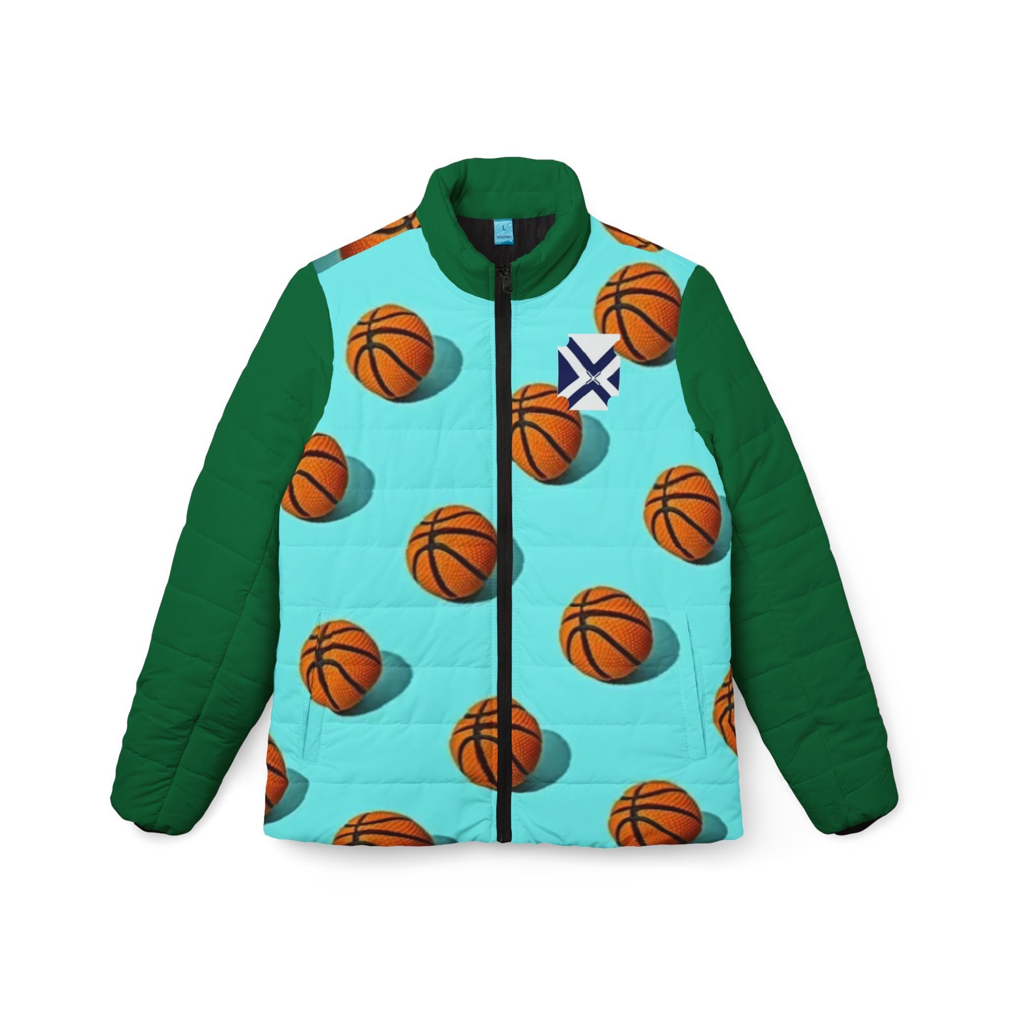 Basketball Pattern Women’s Puffer Jacket — Aqua Court Print