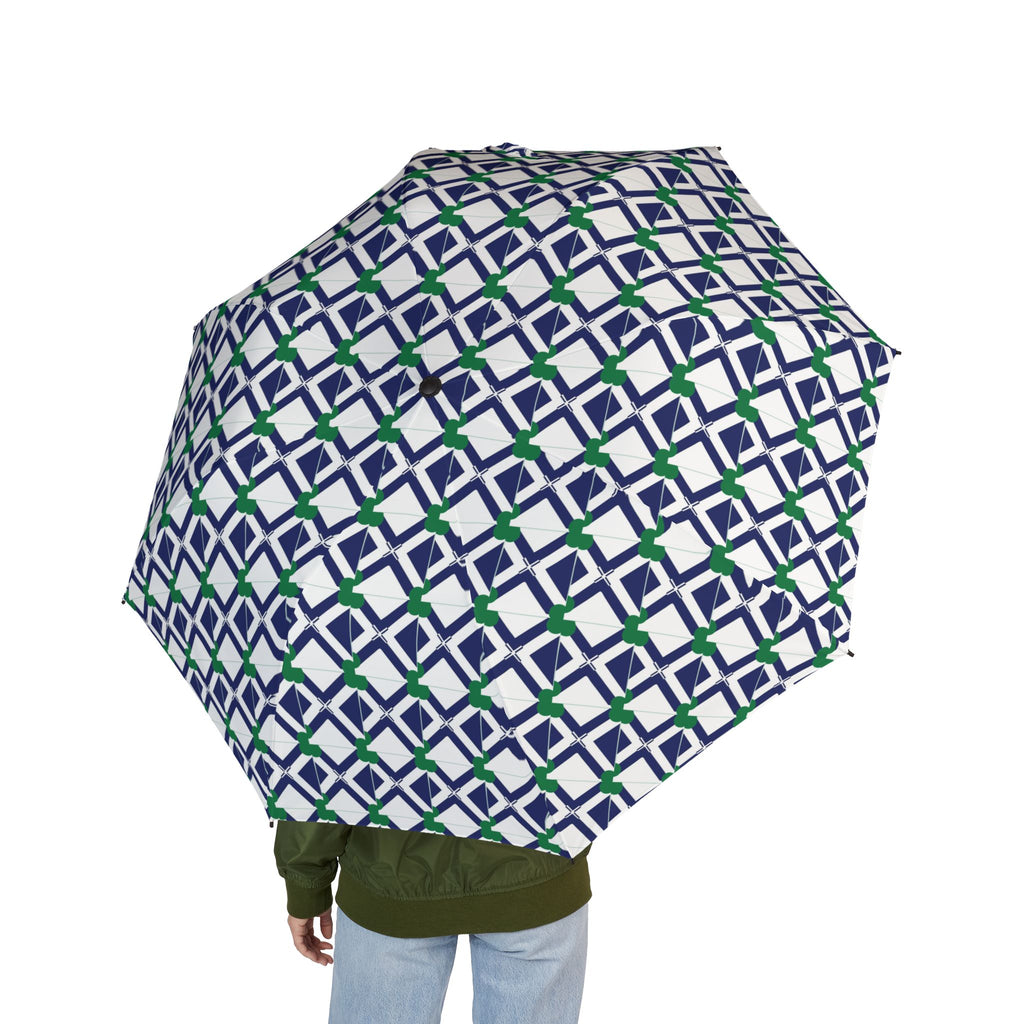 XT8 Foldable Umbrella — Navy & Green Geometric Pattern, Semi‑Automatic Compact Rain Umbrella