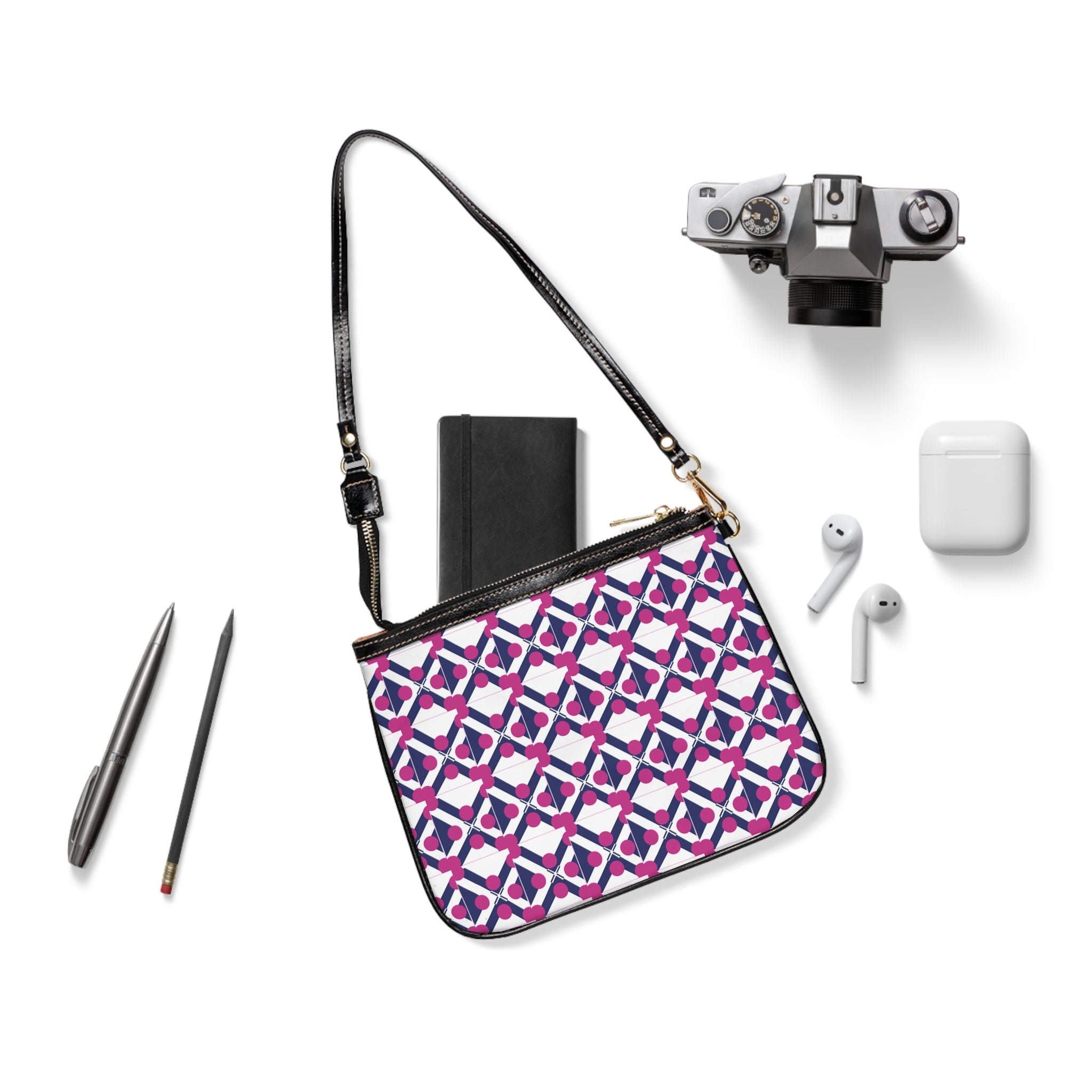 Geometric Tile Small Shoulder Bag — Pink & Navy Patterned Mini Purse