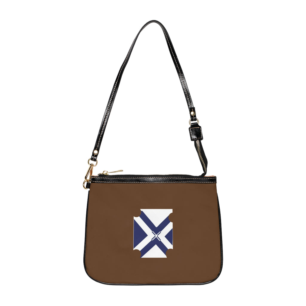 Brown Shoulder Bag with Geometric Blue Cross Emblem
