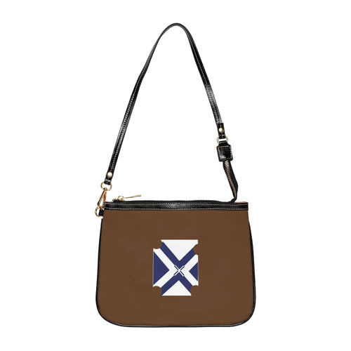 Brown Shoulder Bag with Geometric Blue Cross Emblem