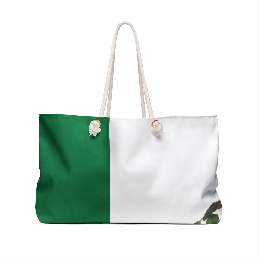 Green Rose Weekender Bag — Floral Travel Tote with Nautical Accent