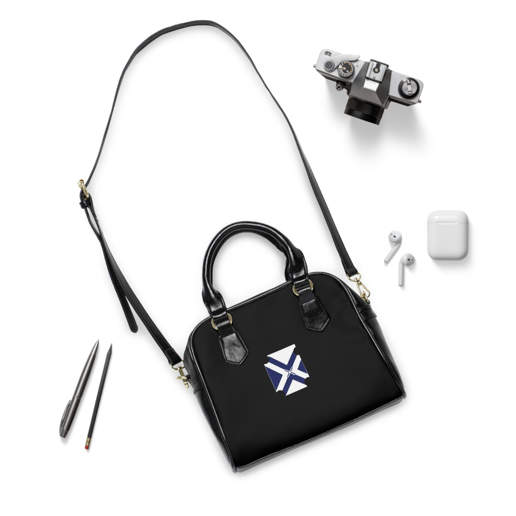 Black Shoulder Handbag with Minimalist Blue Geometric Cross Logo