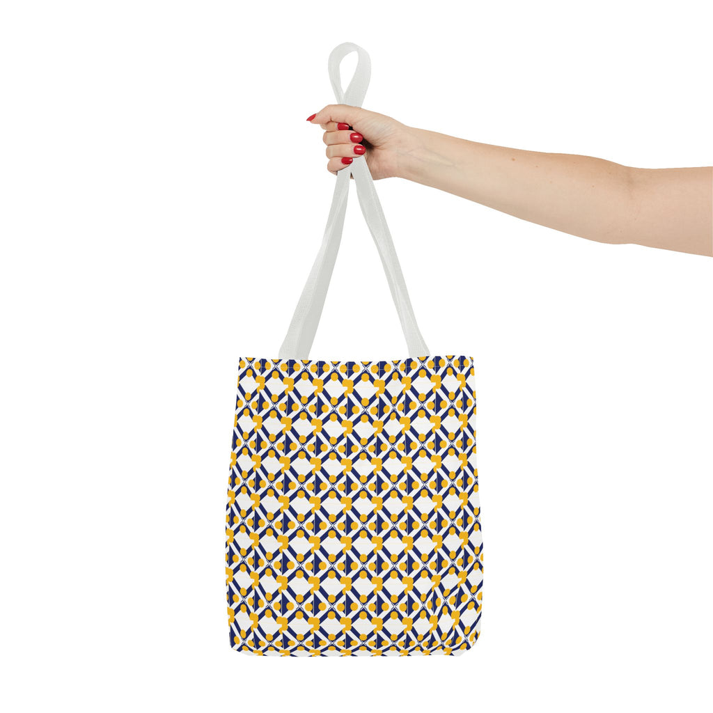 Geometric Mosaic Tote Bag — Yellow & Navy Patterned All-Over Print