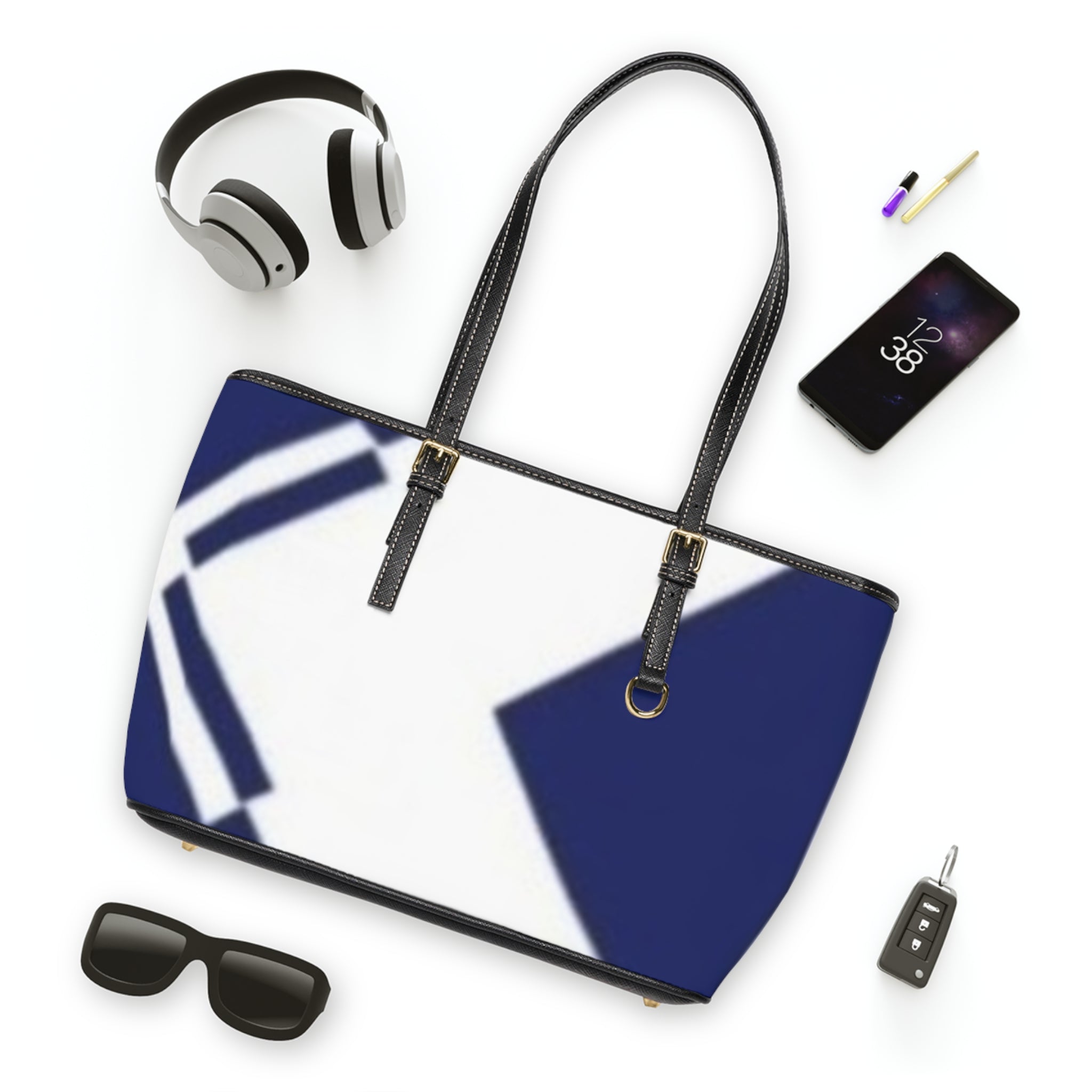 Nautical Chevron PU Leather Shoulder Bag — Blue & White Tote
