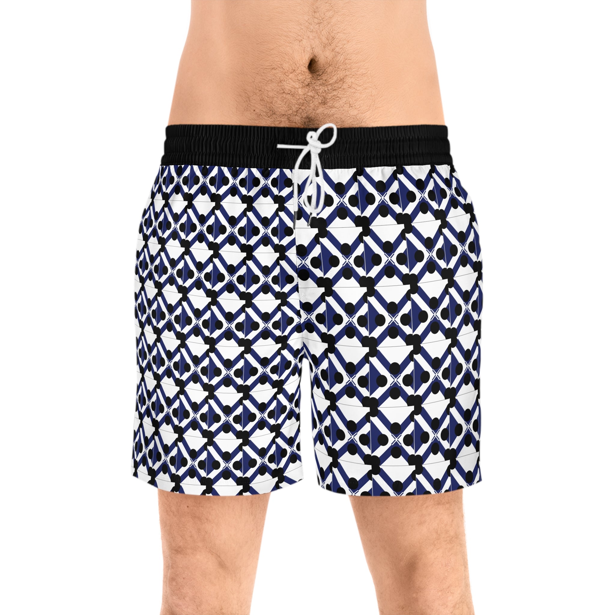 Men's Geometric Navy Lattice Swim Shorts — Mid-Length Beach Trunks