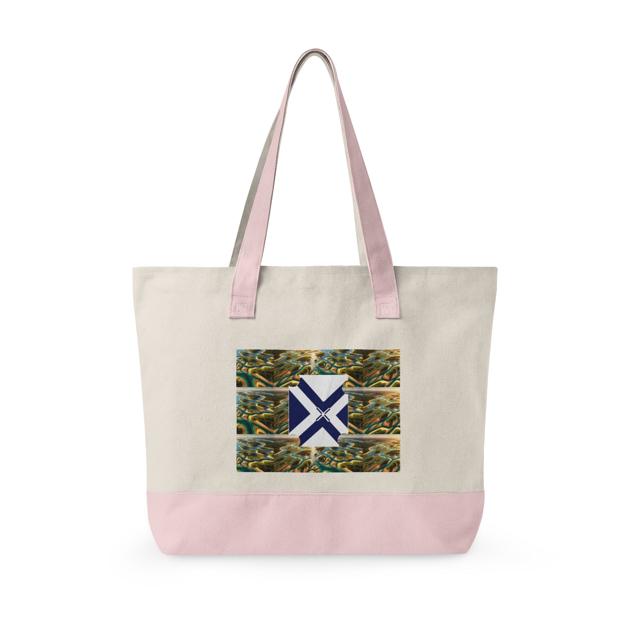 Canvas Tote Bag — Rustic Pine Forest Patch with Navy Saltire