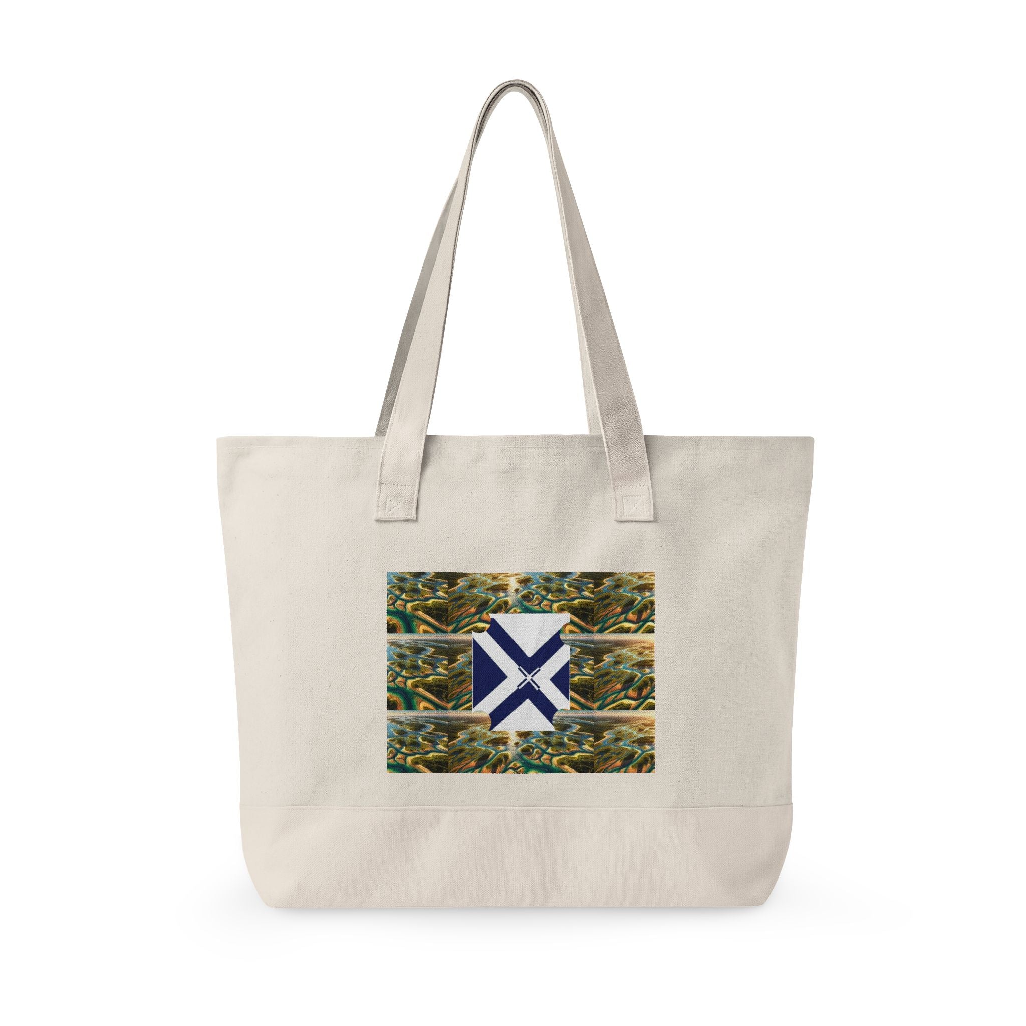 Canvas Tote Bag — Rustic Pine Forest Patch with Navy Saltire