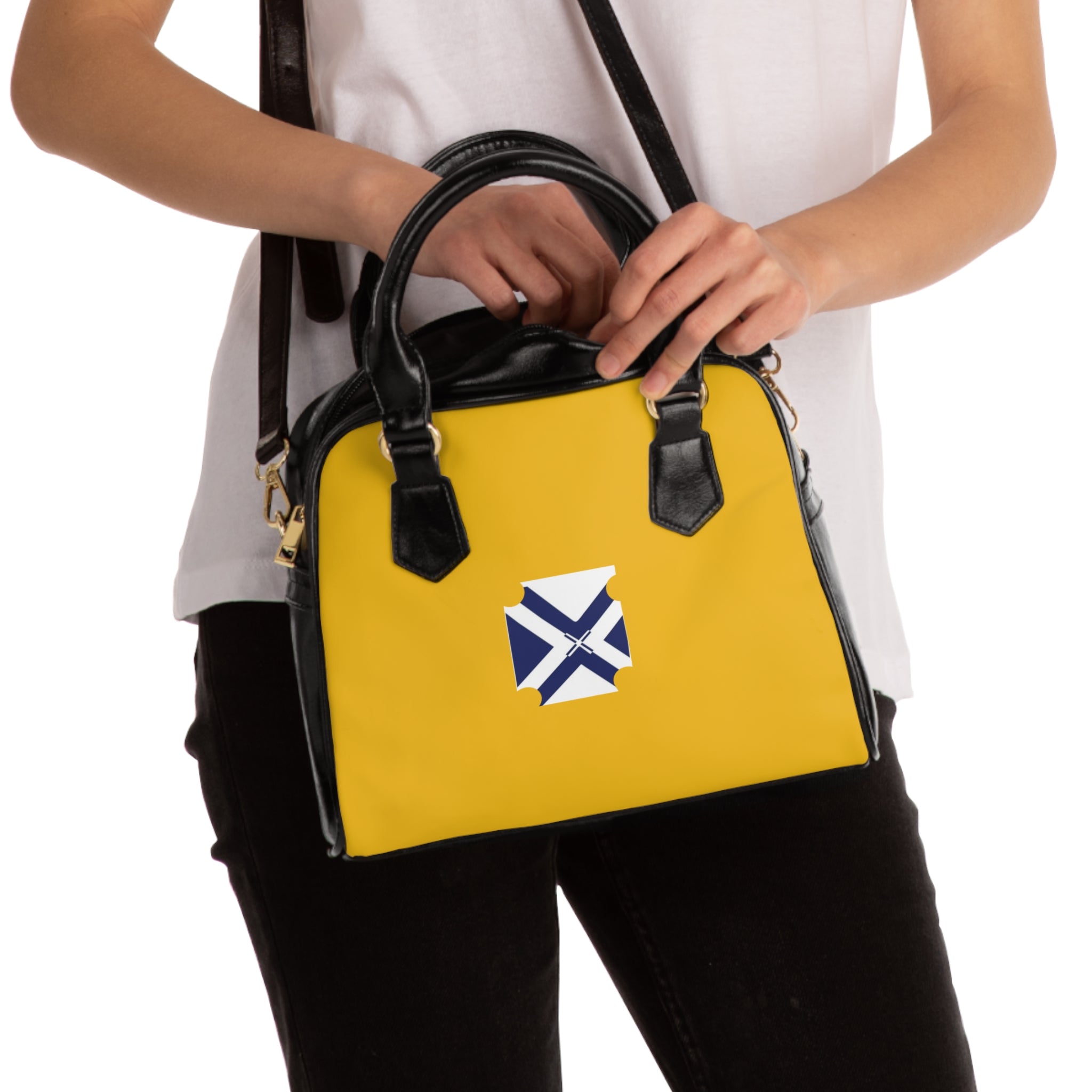 Yellow Shoulder Handbag with Blue Cross Emblem