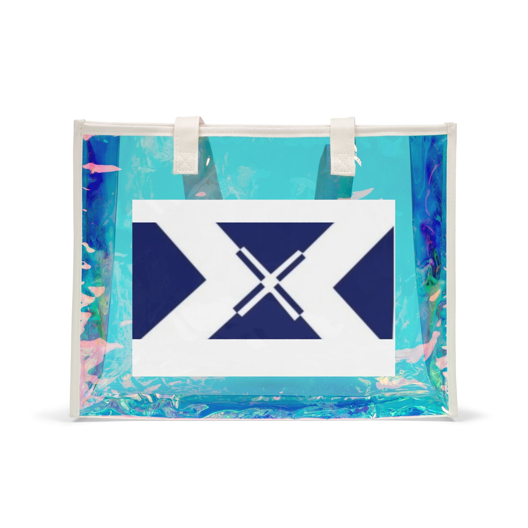 Holographic Beach Tote Bag — Iridescent Clear Carryall with Nautical X Patch