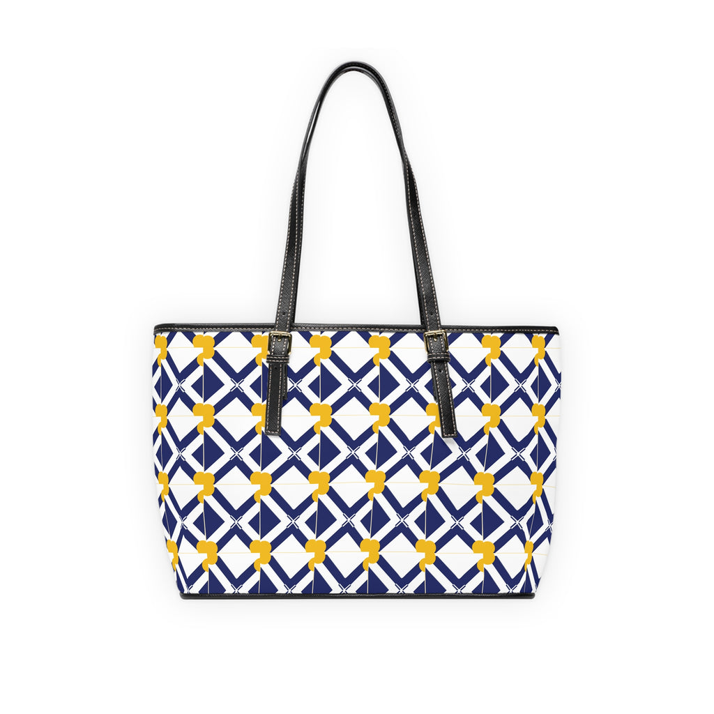 XT8 Leather Shoulder Bag - Navy Geometric Lattice with Yellow Floral Accents Tote