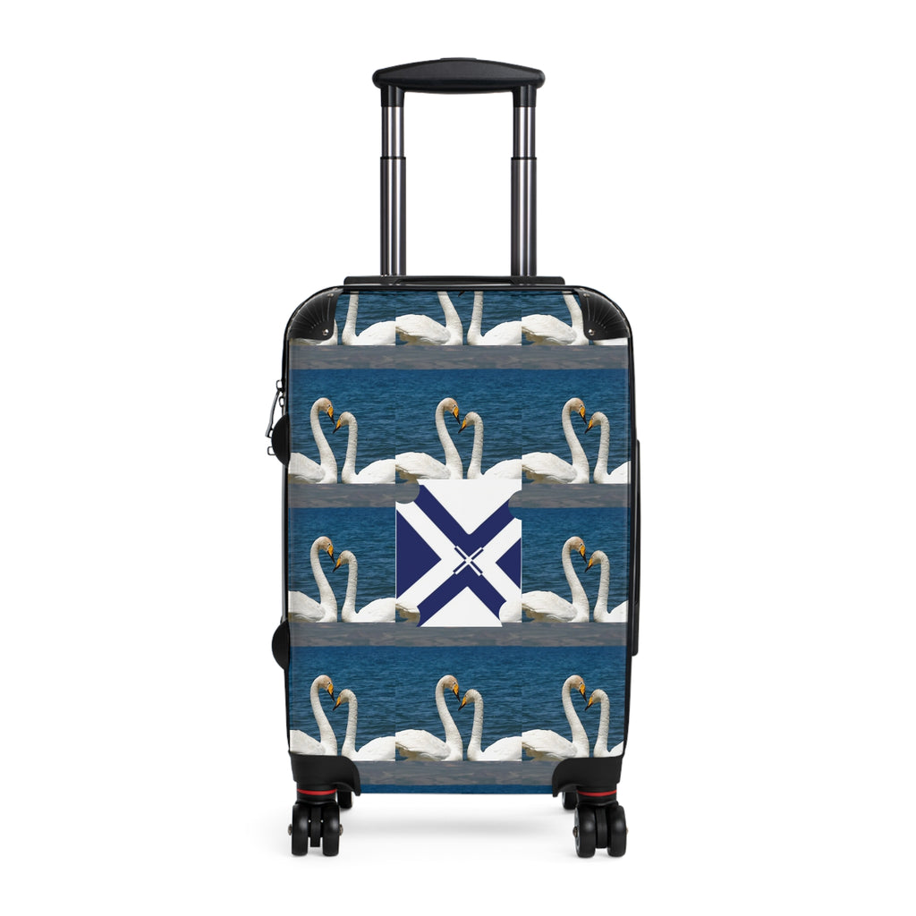 Swan Pattern Carry-On Suitcase — Nautical Blue Luggage Cover with Saltire Accent
