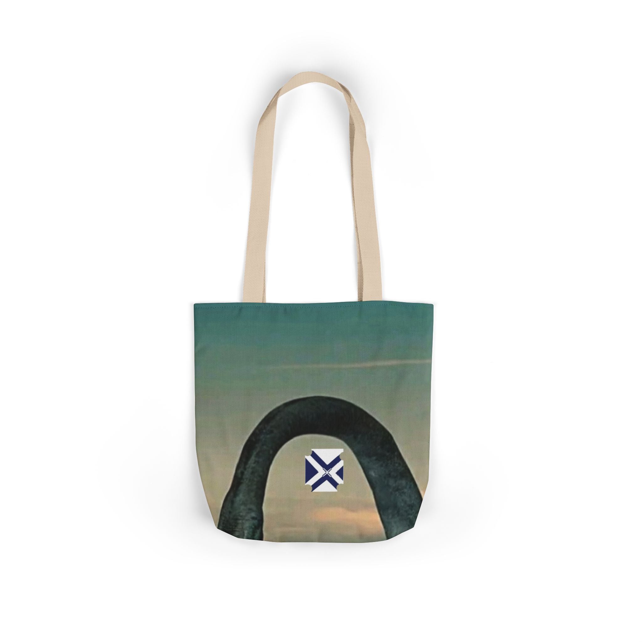 Scenic Arch Tote Bag — Coastal Sunset Canvas Tote with Nautical Emblem