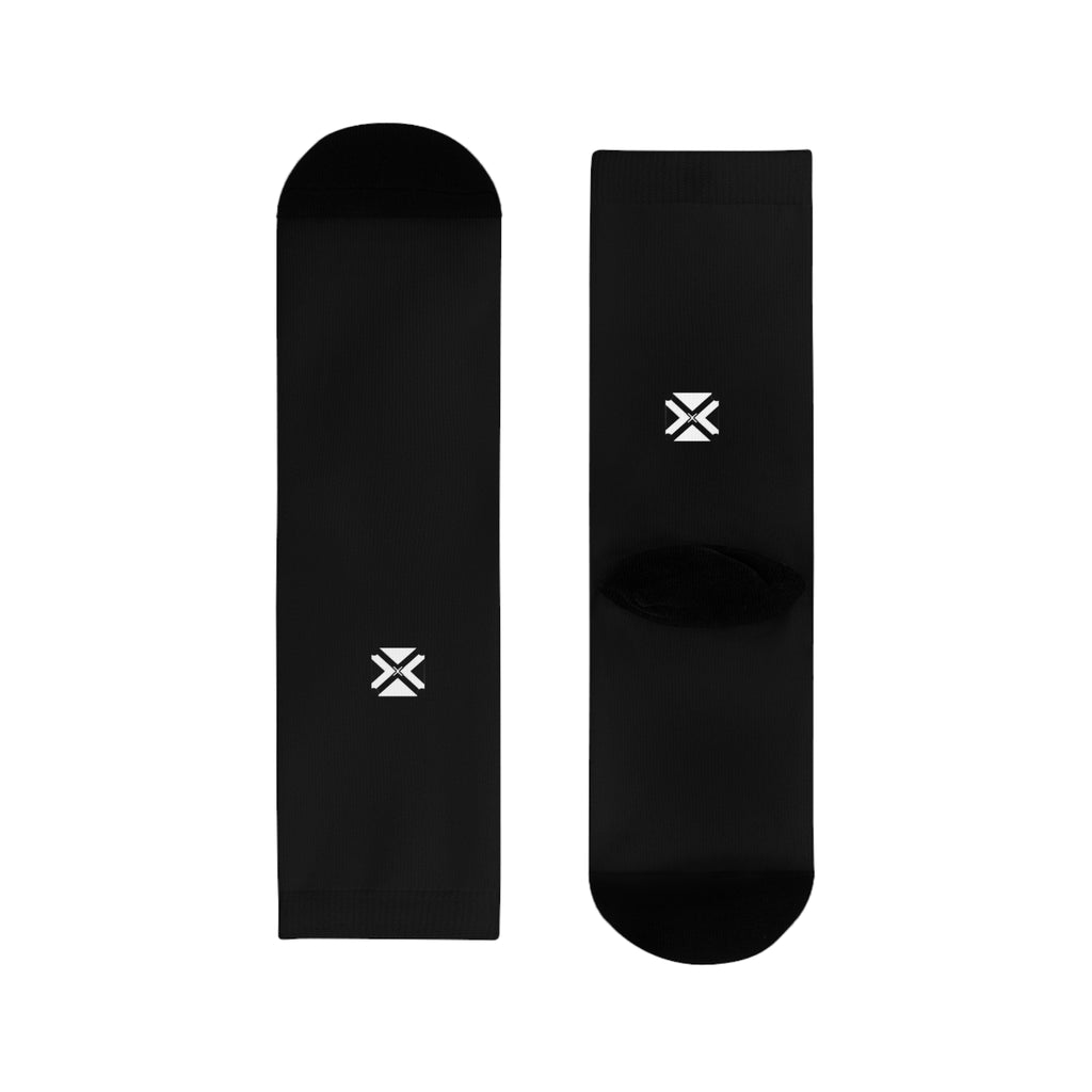 Minimalist Black Crew Socks with Small Logo — Sublimated Athletic Socks (EU)