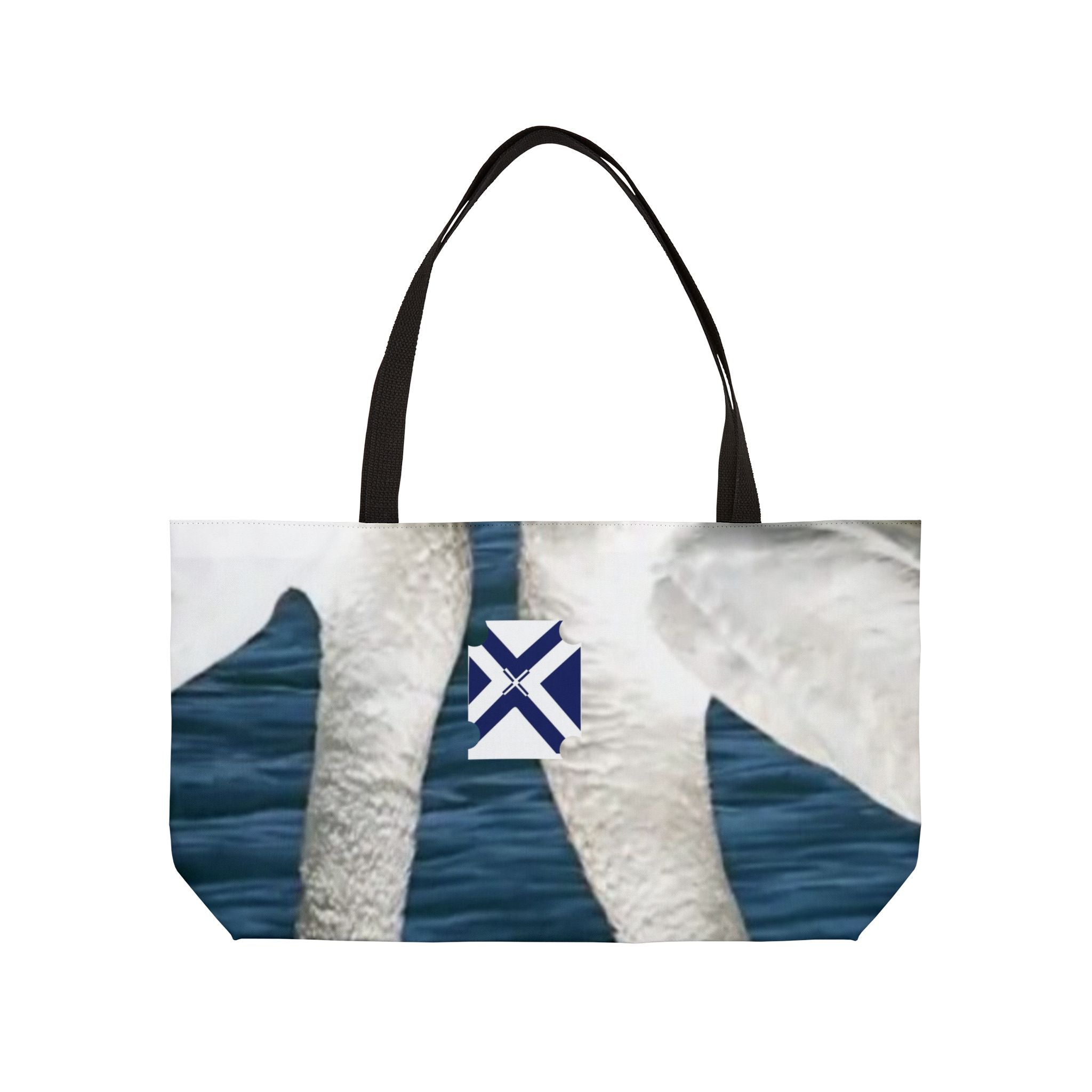 Weekender Tote Bag — Swan Couple Beach Tote with Nautical Cross Accent