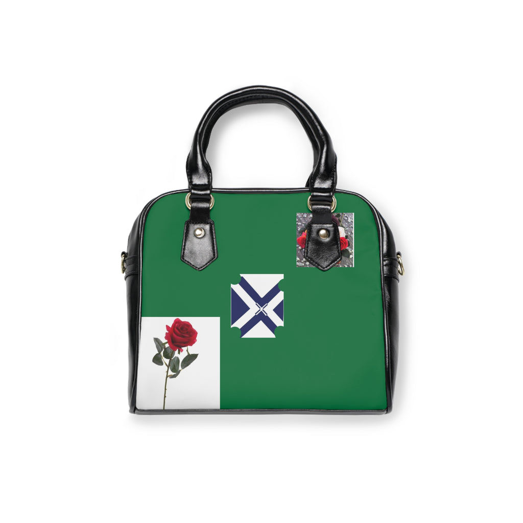 Green Rose Patchwork Shoulder Handbag — Floral Accent Tote