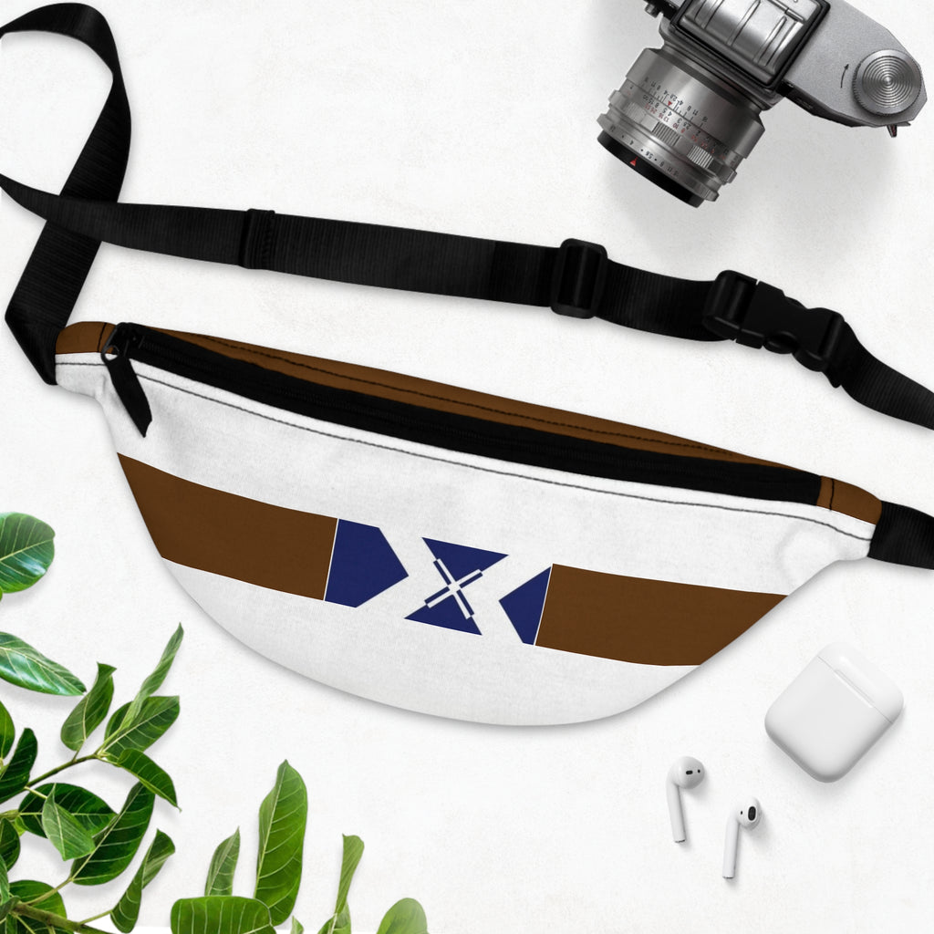 White & Brown Geometric Fanny Pack with Blue Accent — Minimalist Travel Belt Bag