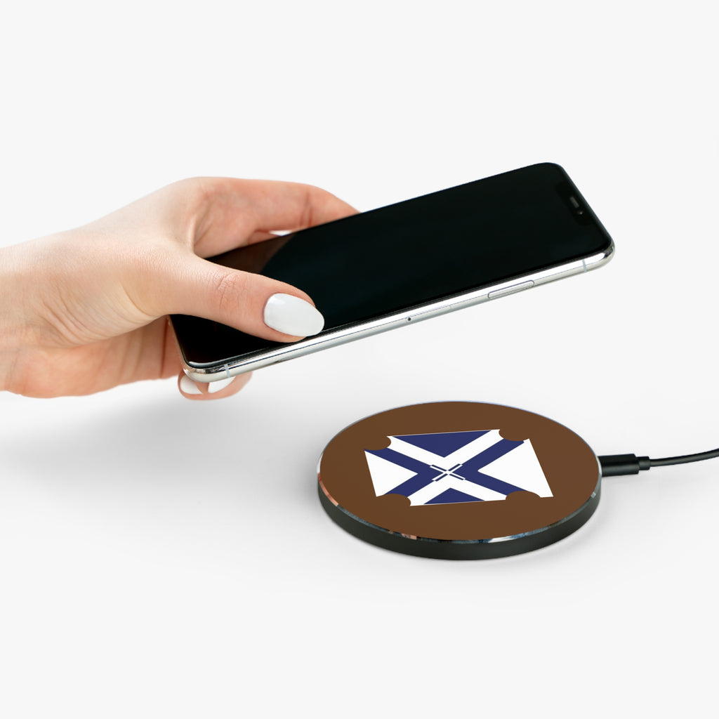 Brown Wireless Charger with Blue White Nautical Cross Design