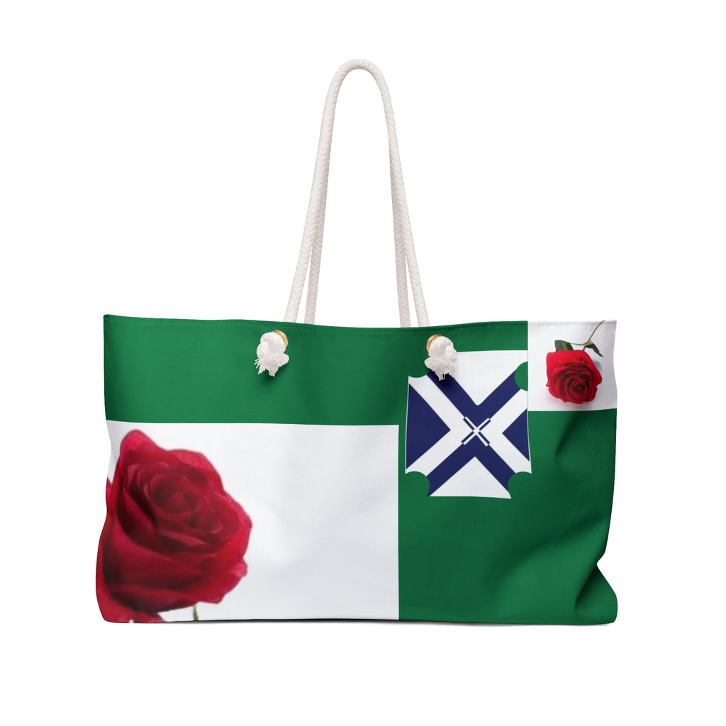Green Rose Weekender Bag — Floral Travel Tote with Nautical Accent