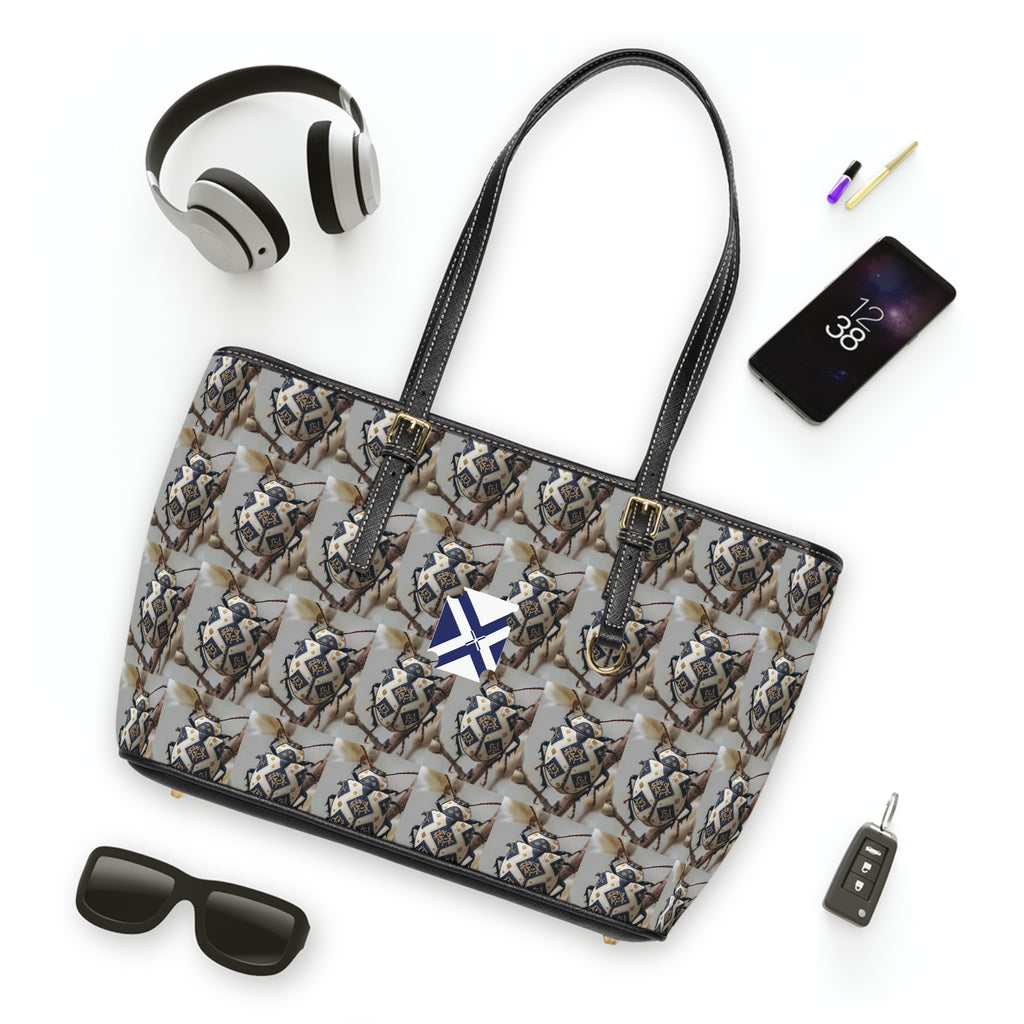 Shoulder Bag - Neutral Geometric Pattern PU Leather Tote