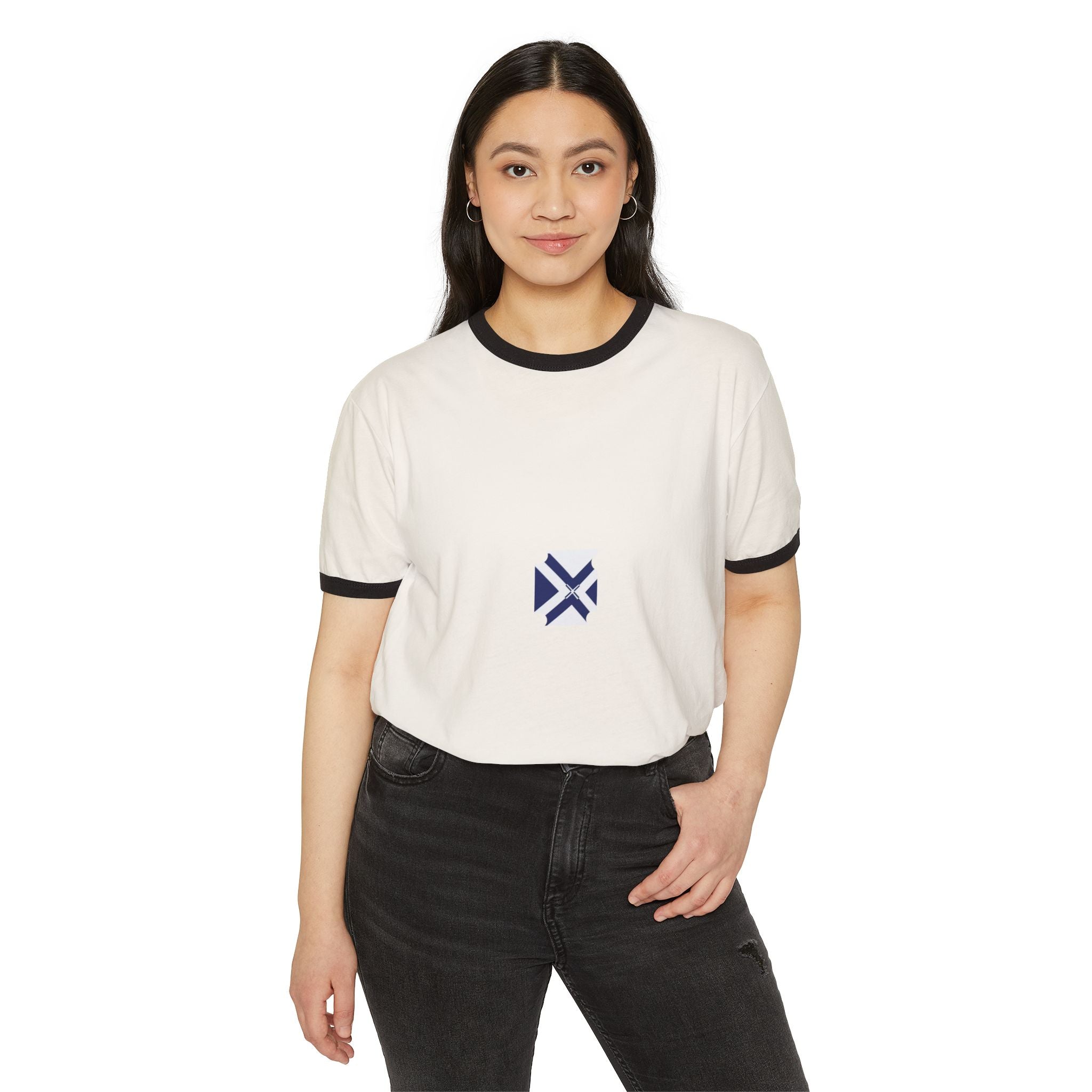 Minimalist Navy Geometric Logo Ringer T-Shirt