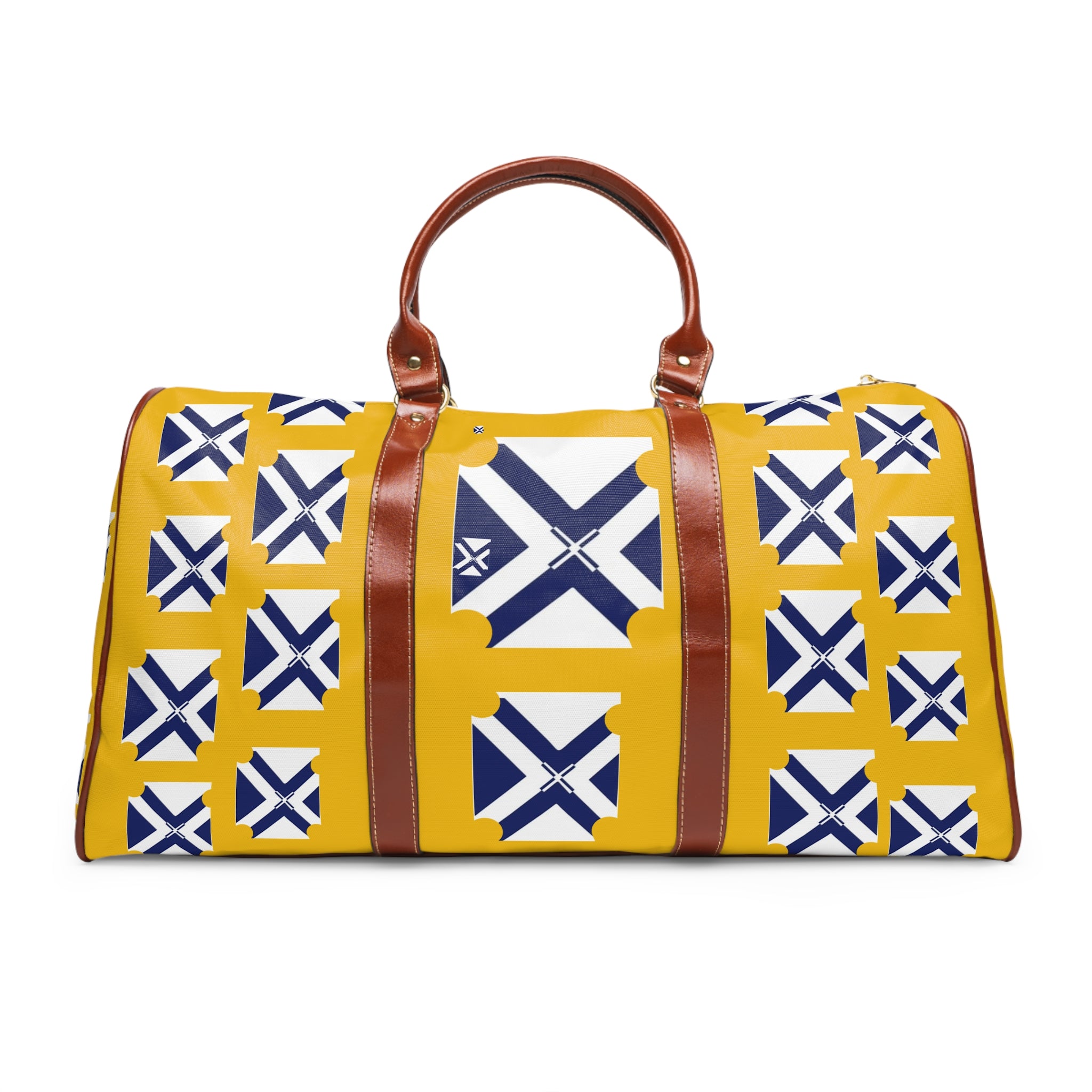 XT6 Waterproof Travel Duffel Bag — White Canvas with Brown Leather Trim & Minimal Blue Logo