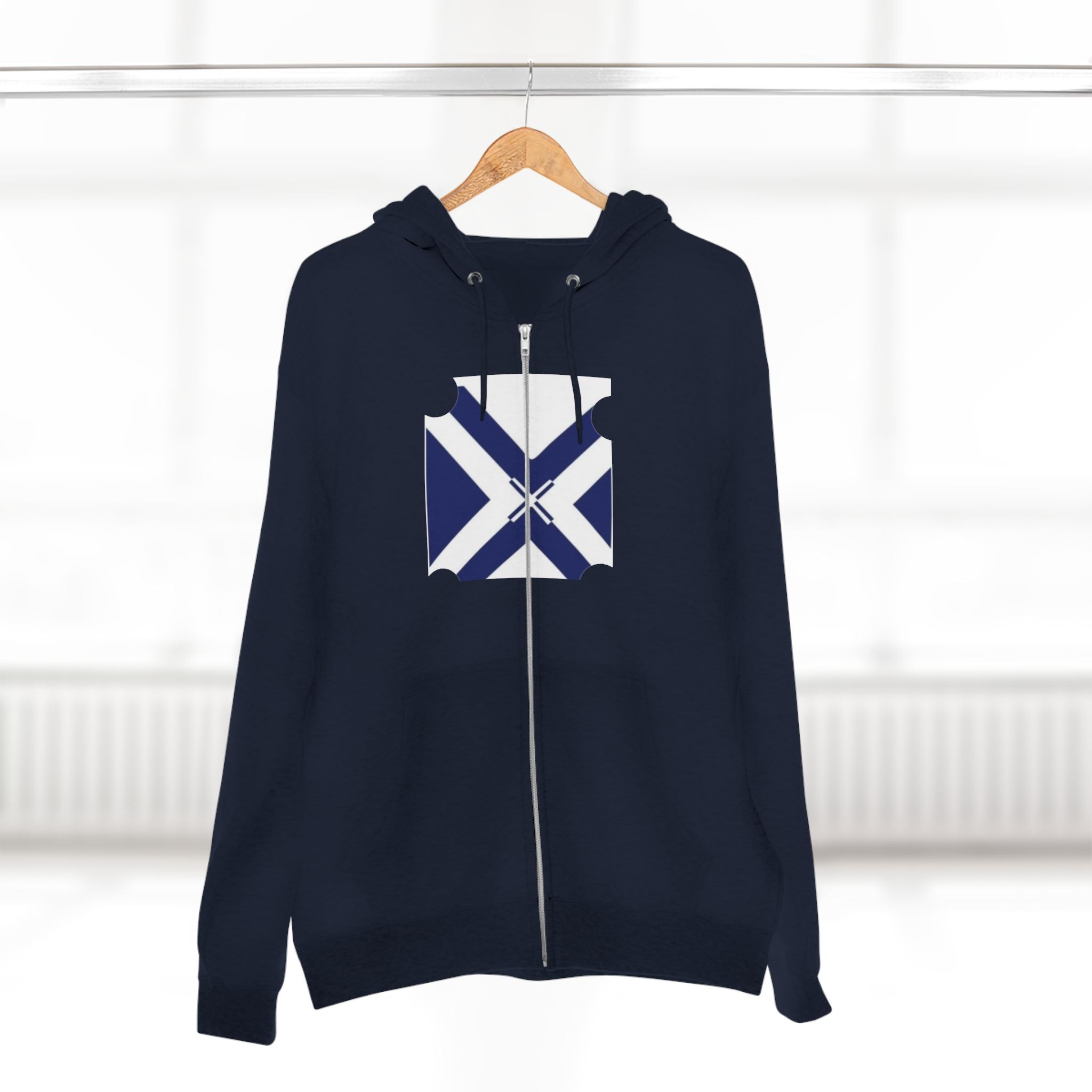 XT7 Saltire Zip Hoodie — Navy X Flag Design
