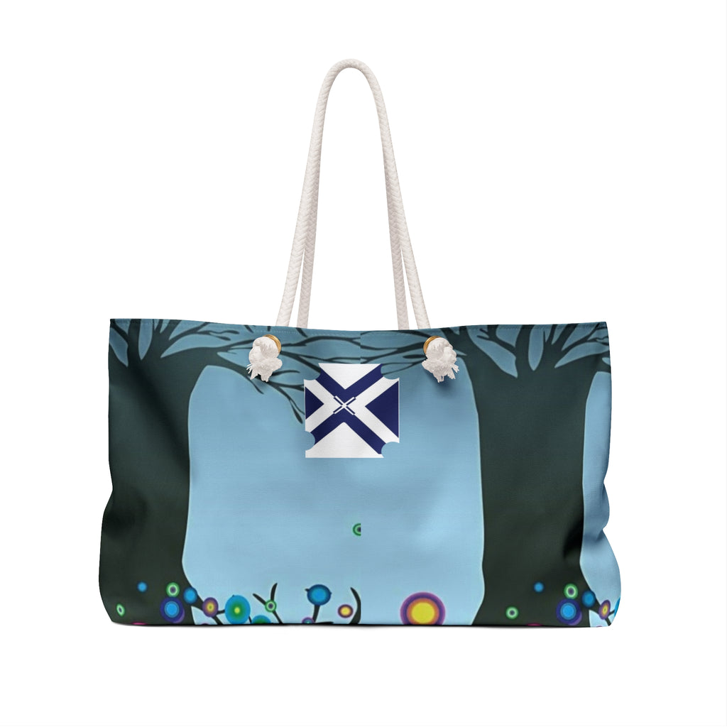 Weekender Bag — Colorful Floral Forest Travel Tote with Scottish Saltire Accent