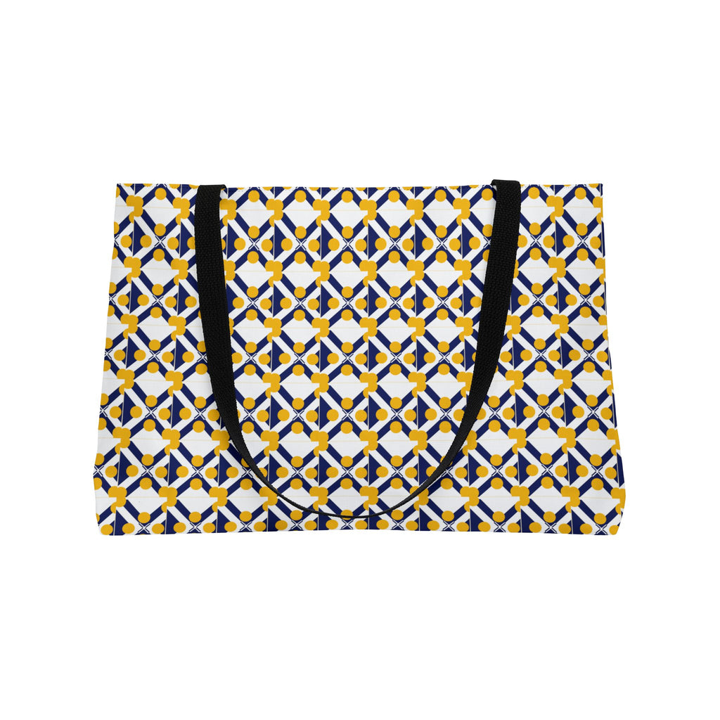 Geometric Tile Weekender Tote — Blue & Mustard Patterned Travel Bag