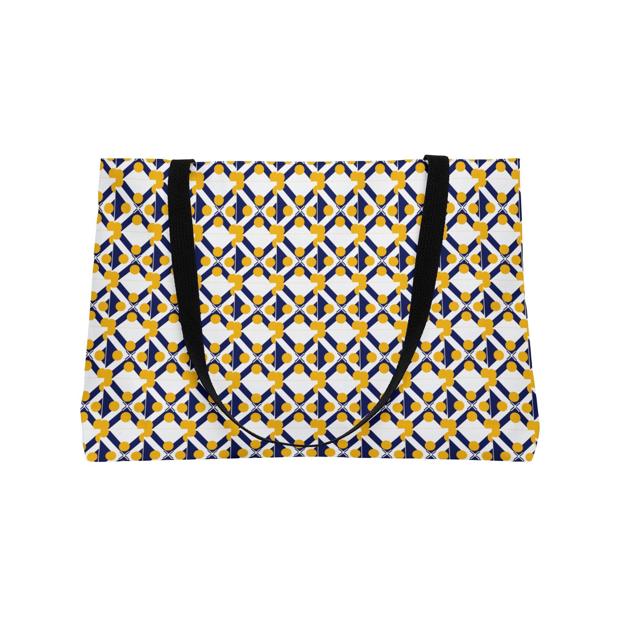 Geometric Tile Weekender Tote — Blue & Mustard Patterned Travel Bag